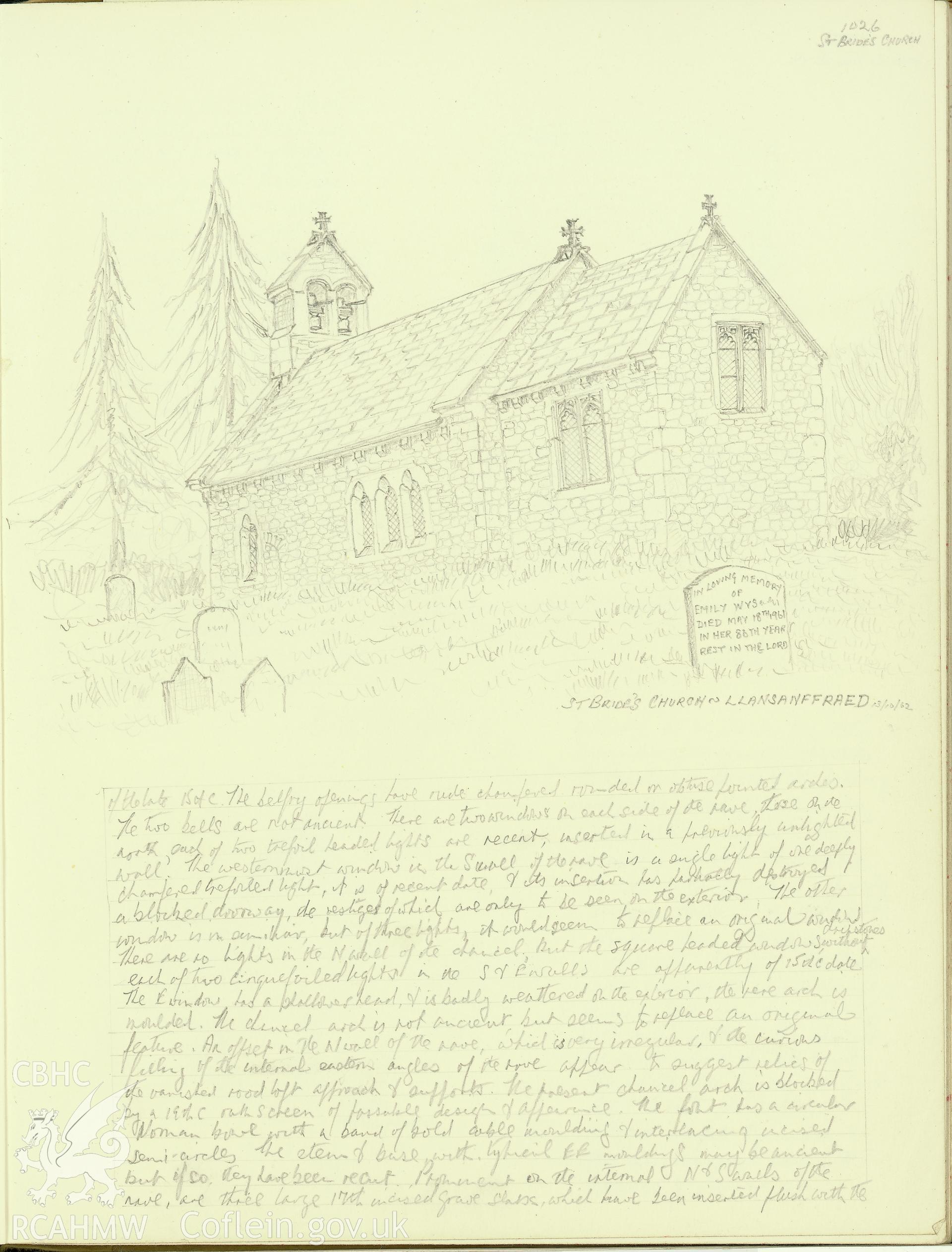 Digitized copy of a pencil sketch  and notes relating to St Bride's Church, Llansantffraed, copied from page 1026 of the notebook collections of R.E. Kay.