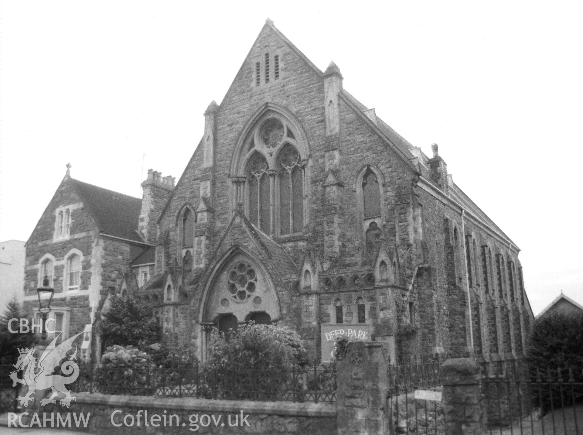 Digital copy of a black and white photograph showing an exterior view of Deer Park Baptist Chapel, Tenby, taken by Robert Scourfield, 1995.