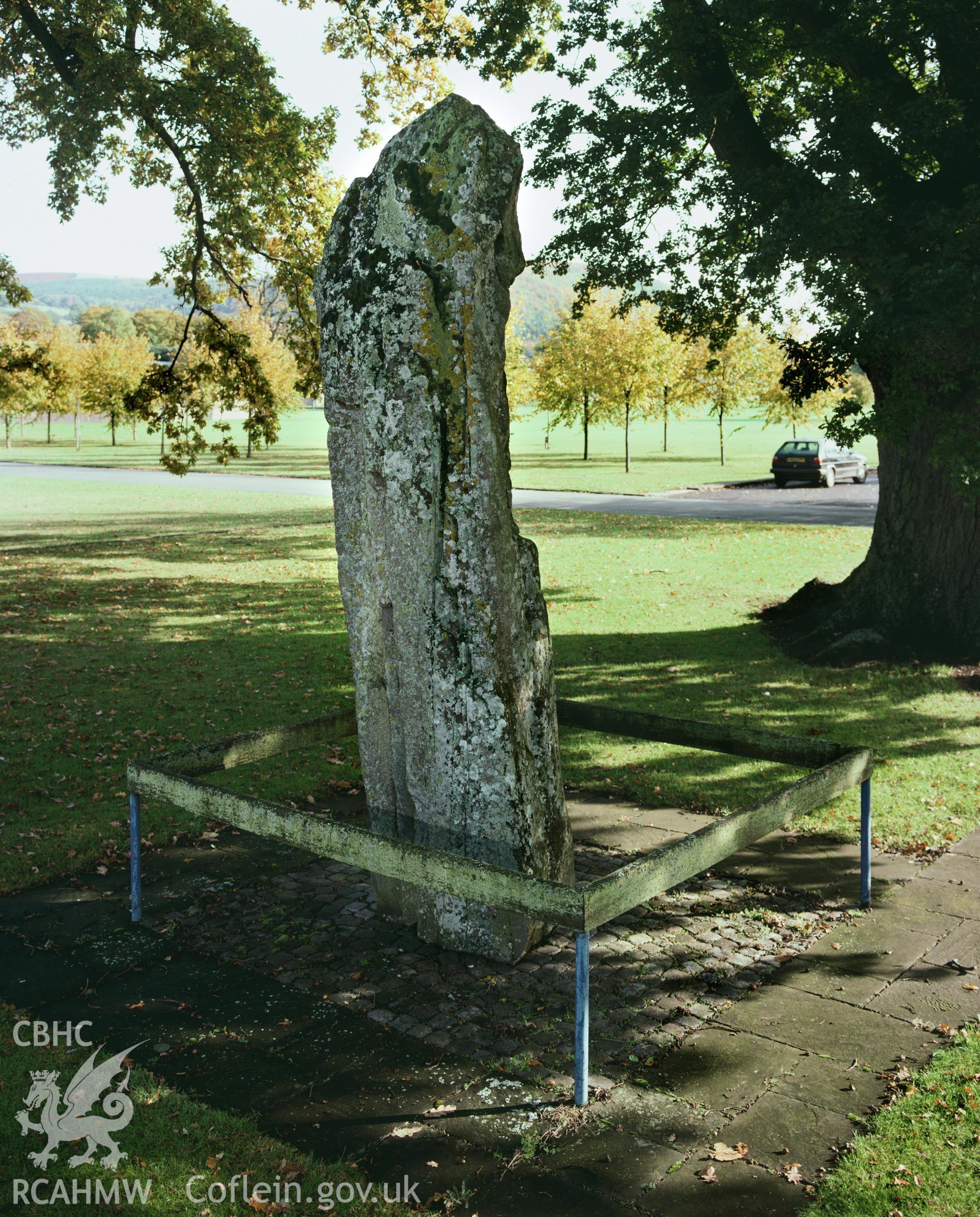 Colour transparency showing a view of Cwrt y Gollen standing stone, produced by Iain Wright, c.1981