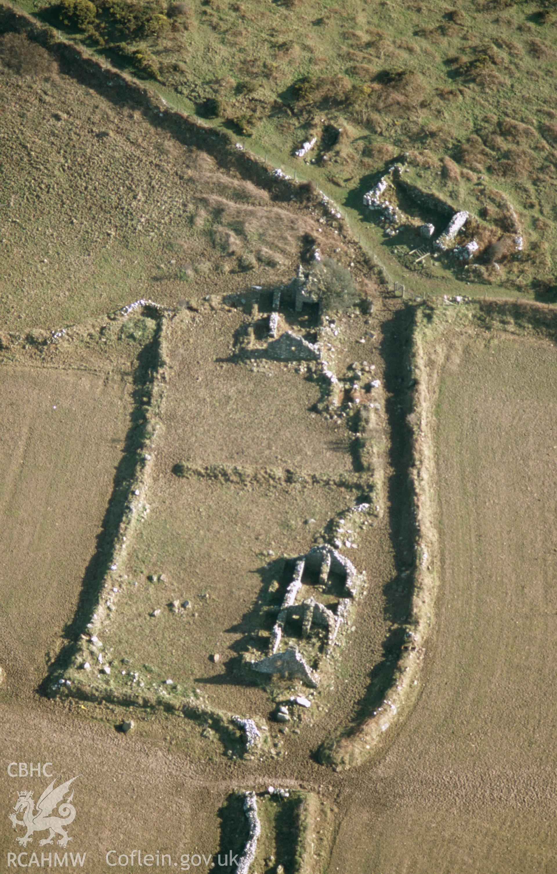 Slide of RCAHMW colour oblique aerial photograph of Maes y Mynydd Farmstead St Davids,  taken by Toby Driver, 2002.