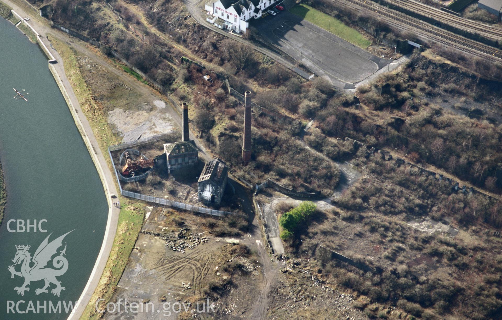 Slide of RCAHMW colour oblique aerial photograph of Hafod Copperworks, Swansea, taken by C.R. Musson, 15/2/1997.