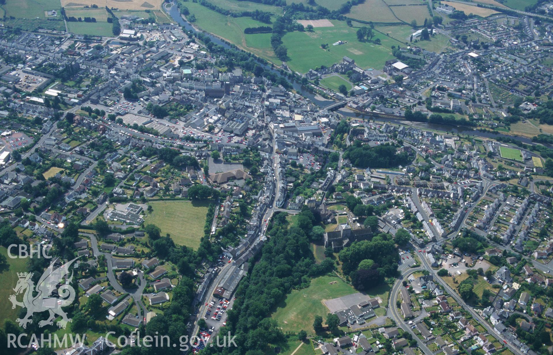 RCAHMW colour slide oblique aerial photograph of Brecon, taken by C.R.Musson on the 22/07/1996