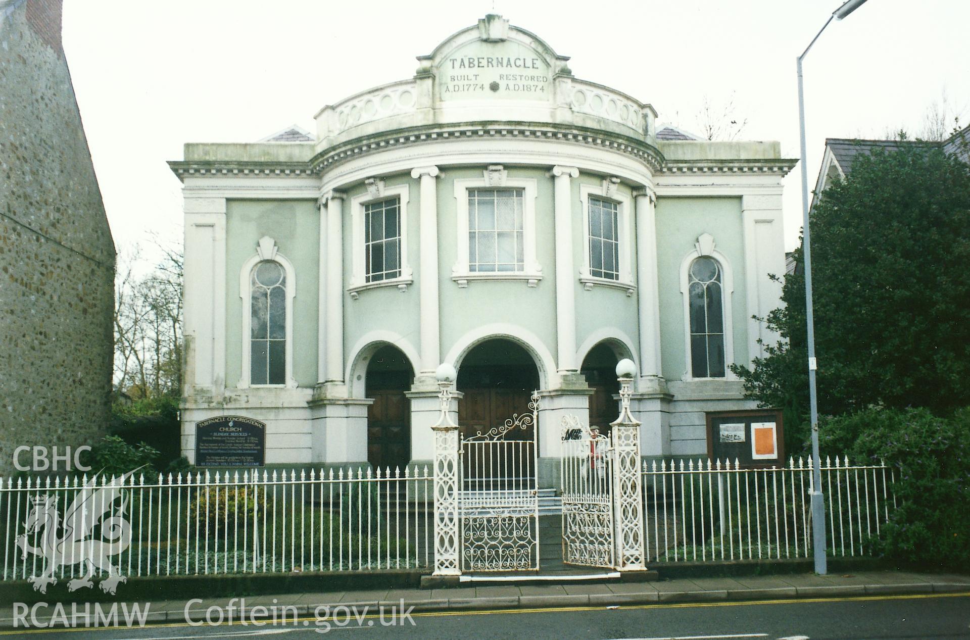 Digital copy of a colour photograph showing an exterior view of Tabernacle Congregational Chapel, Haverfordwest,  taken by Robert Scourfield, 1995.