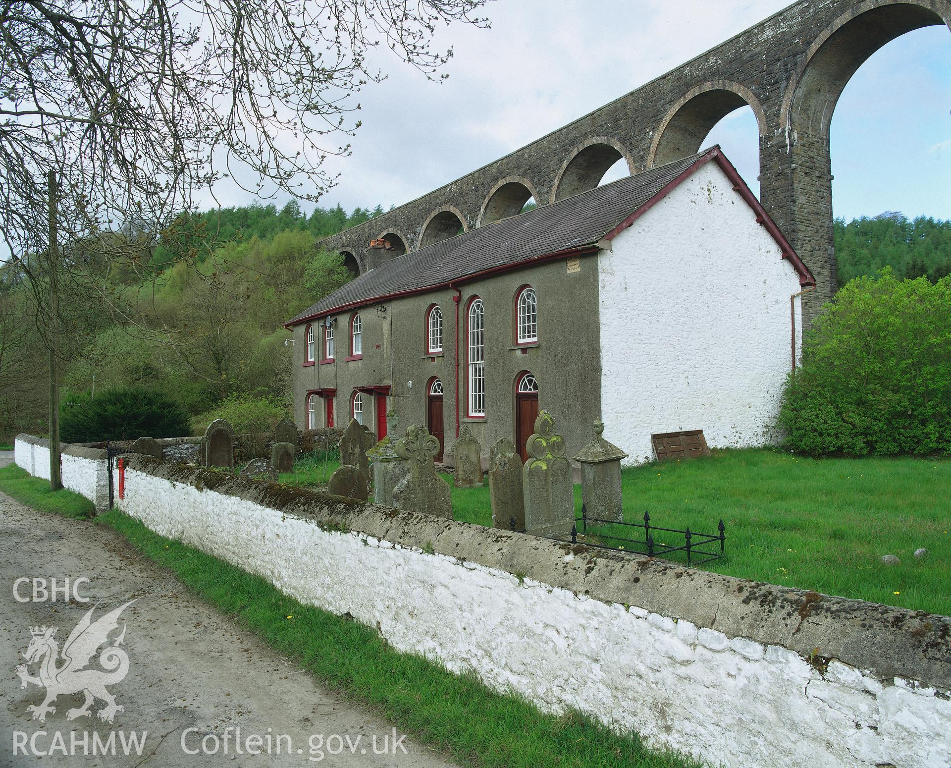 RCAHMW colour transparency showing view of Gosen Chapel, with Cynghordy Viaduct in the background.
