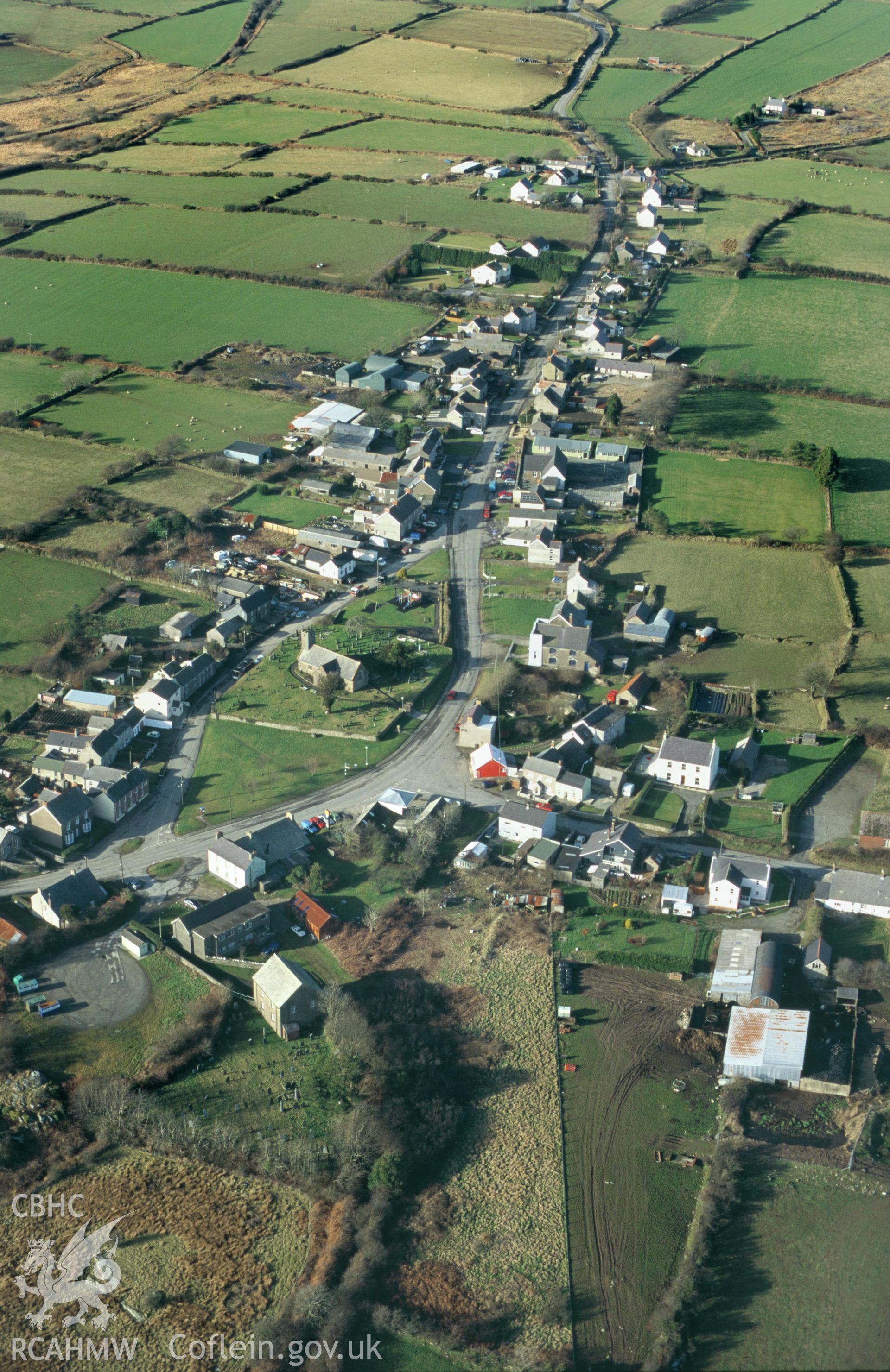 RCAHMW colour slide oblique aerial photograph of the village of Maenclochog, taken by C.R.Musson on the 07/02/1997