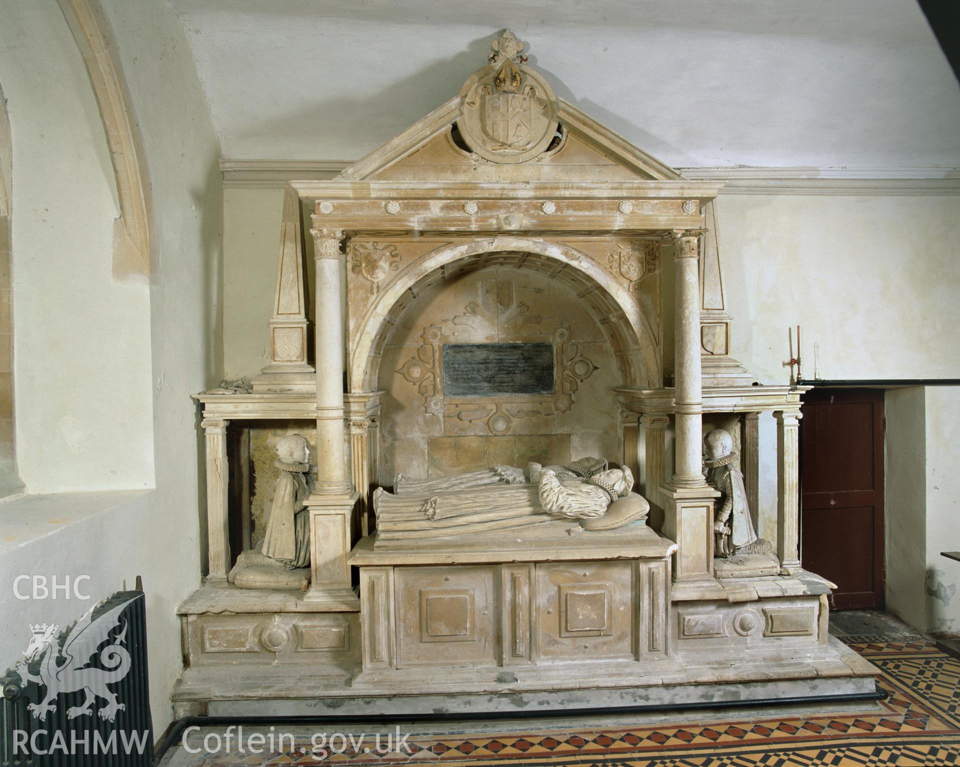 Colour transparency showing the Rudd monument at Llangathen Church, produced by Iain Wright, June 2004.