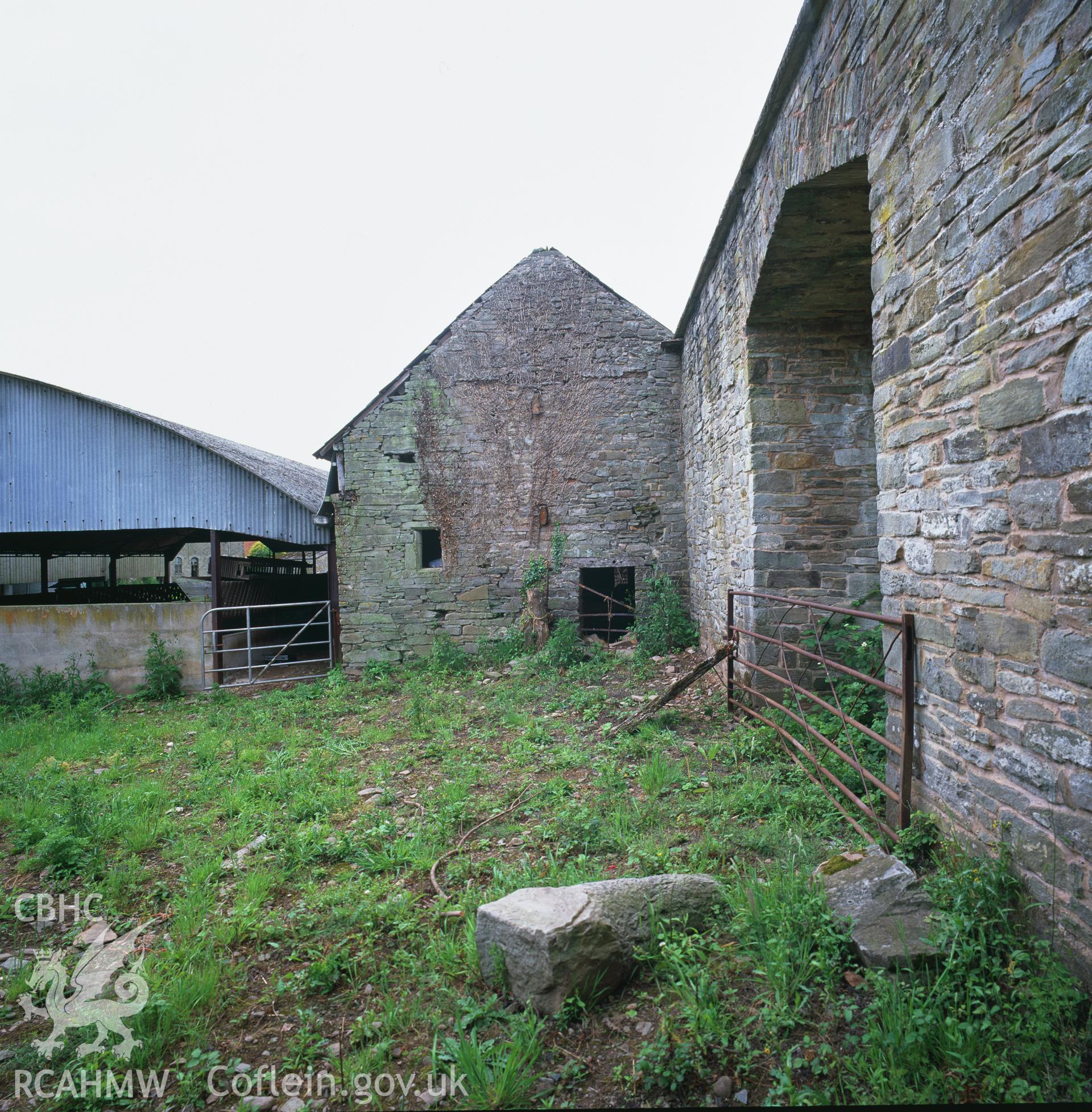 RCAHMW colour transparency showing an exterior view of the gable end of the cowhouse at Clyro Court Farm, taken by Fleur James, August 2003