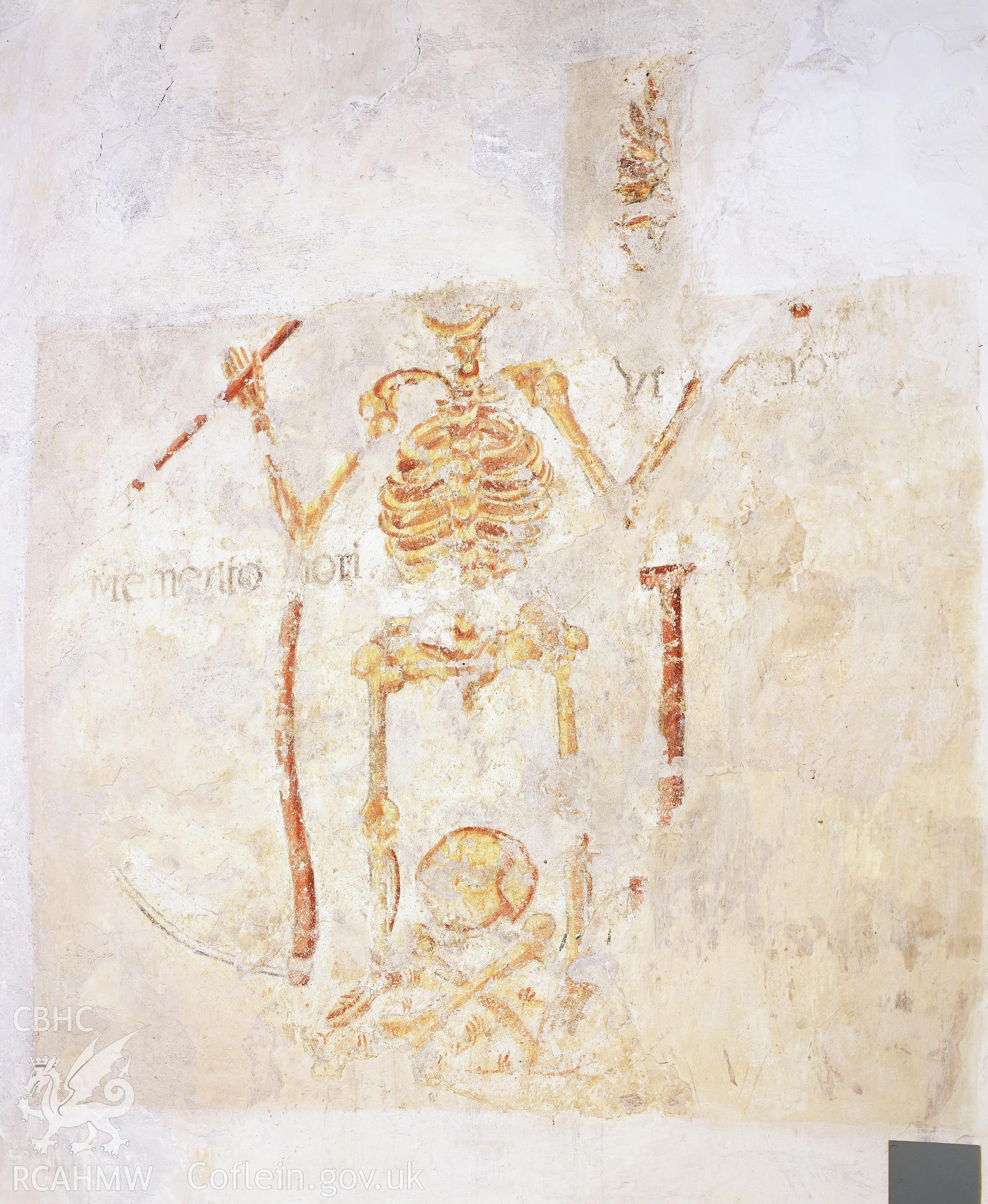 RCAHMW colour transparency showing  view of memento mori wallpainting at St Celynin's Church, Llangelynin.