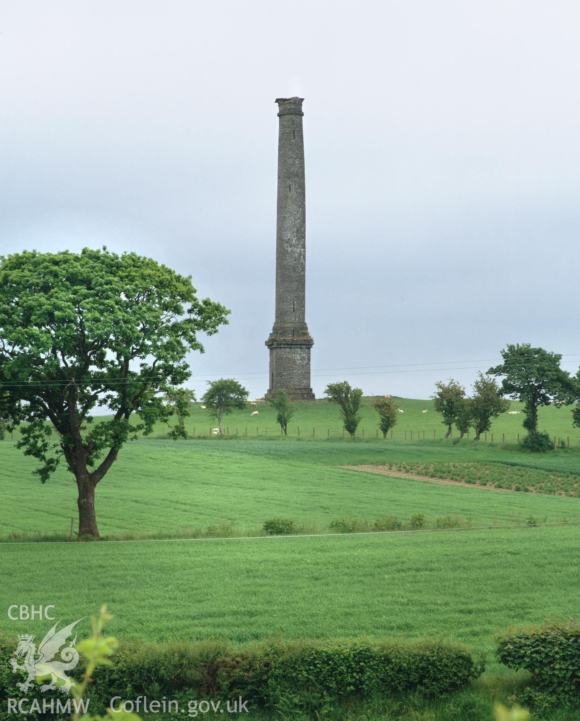 Colour transparency showing an exterior view of Derry Ormond Tower, Llangybi, produced by Iain Wright, June 2004.