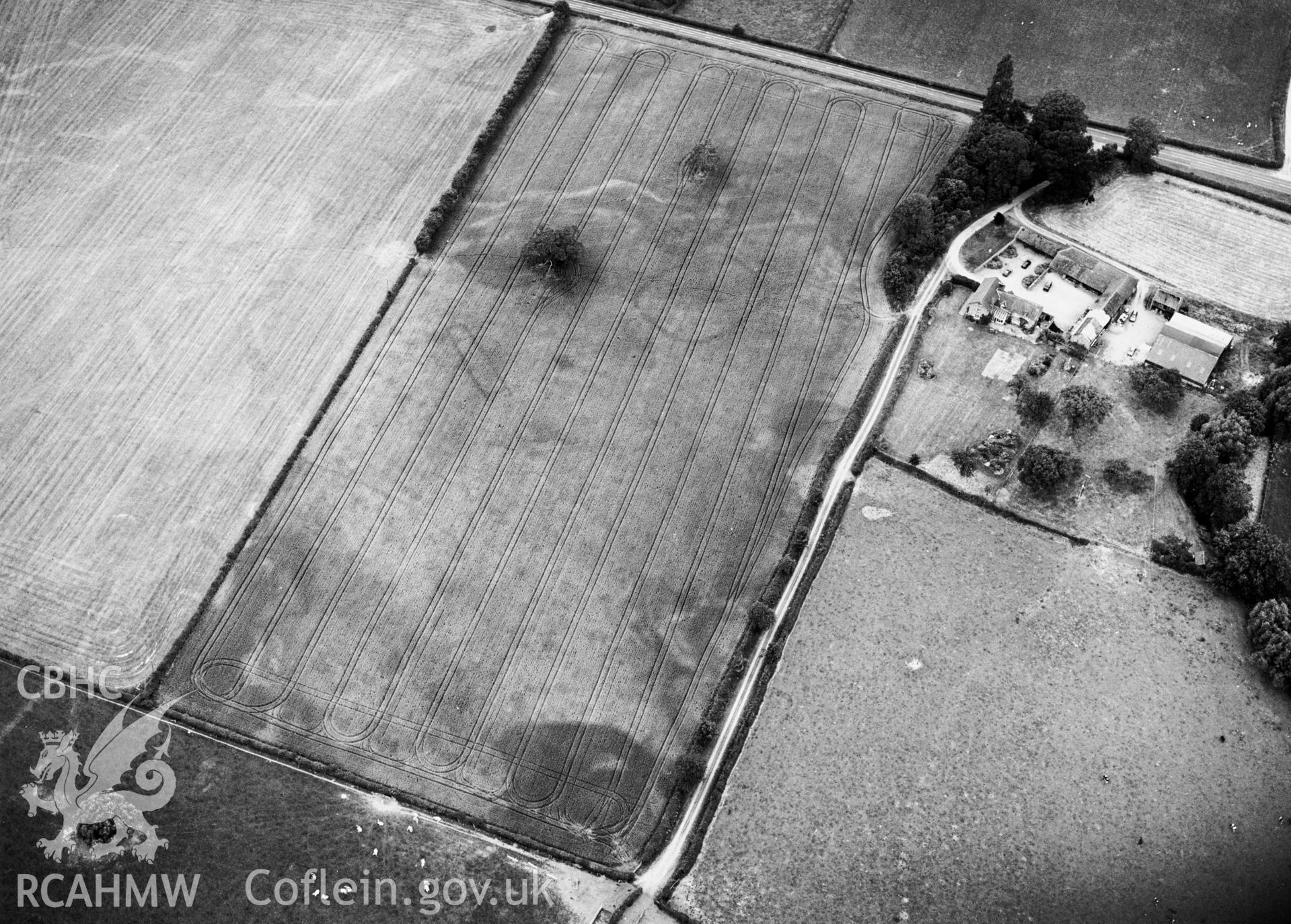 RCAHMW black and white oblique aerial photograph of cropmark enclosure S of Lower Luggy, taken by C R Musson, 24/07/1996.