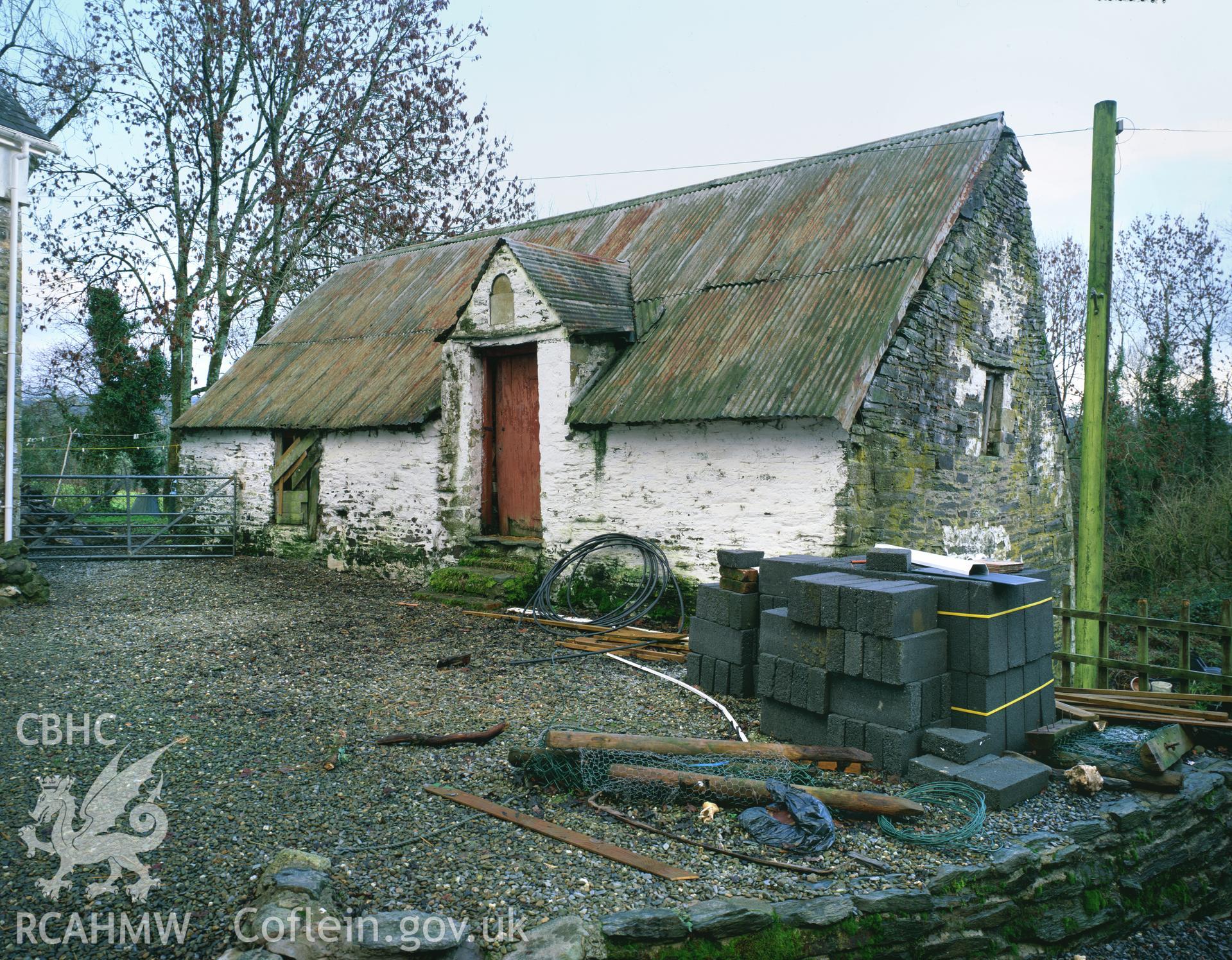 Colour transparency showing an exterior view of the stable at Cwmcoednerth Farmstead, Penbryn, produced by Iain Wright, December 2003