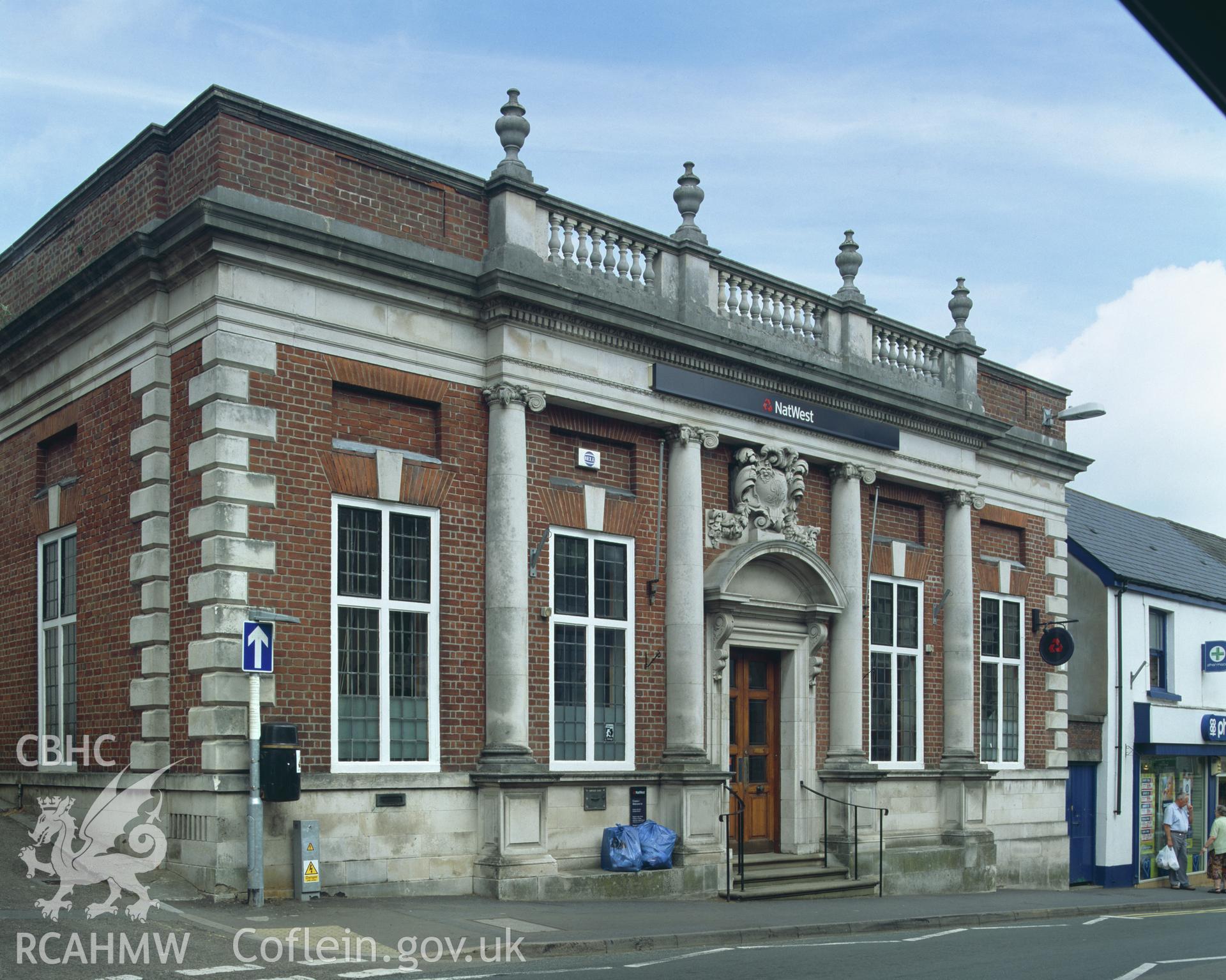 Colour transparency showing exterior view of Mational Westminster Bank, Llandeilo, produced by Iain Wright, June 2004.