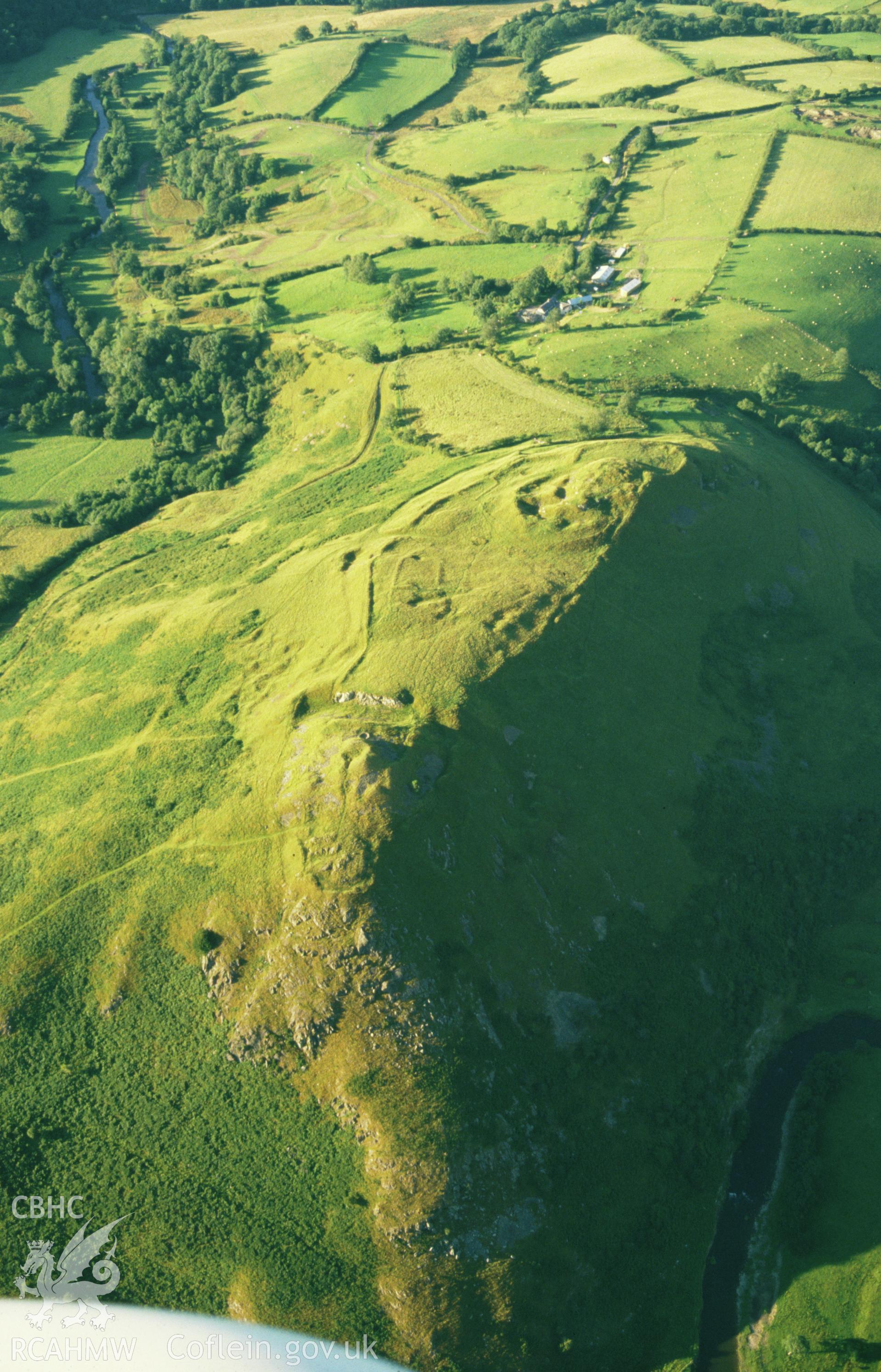 RCAHMW colour slide oblique aerial photograph of Cefnllys Castle, Penybont, taken by CR Musson on 02/08/88