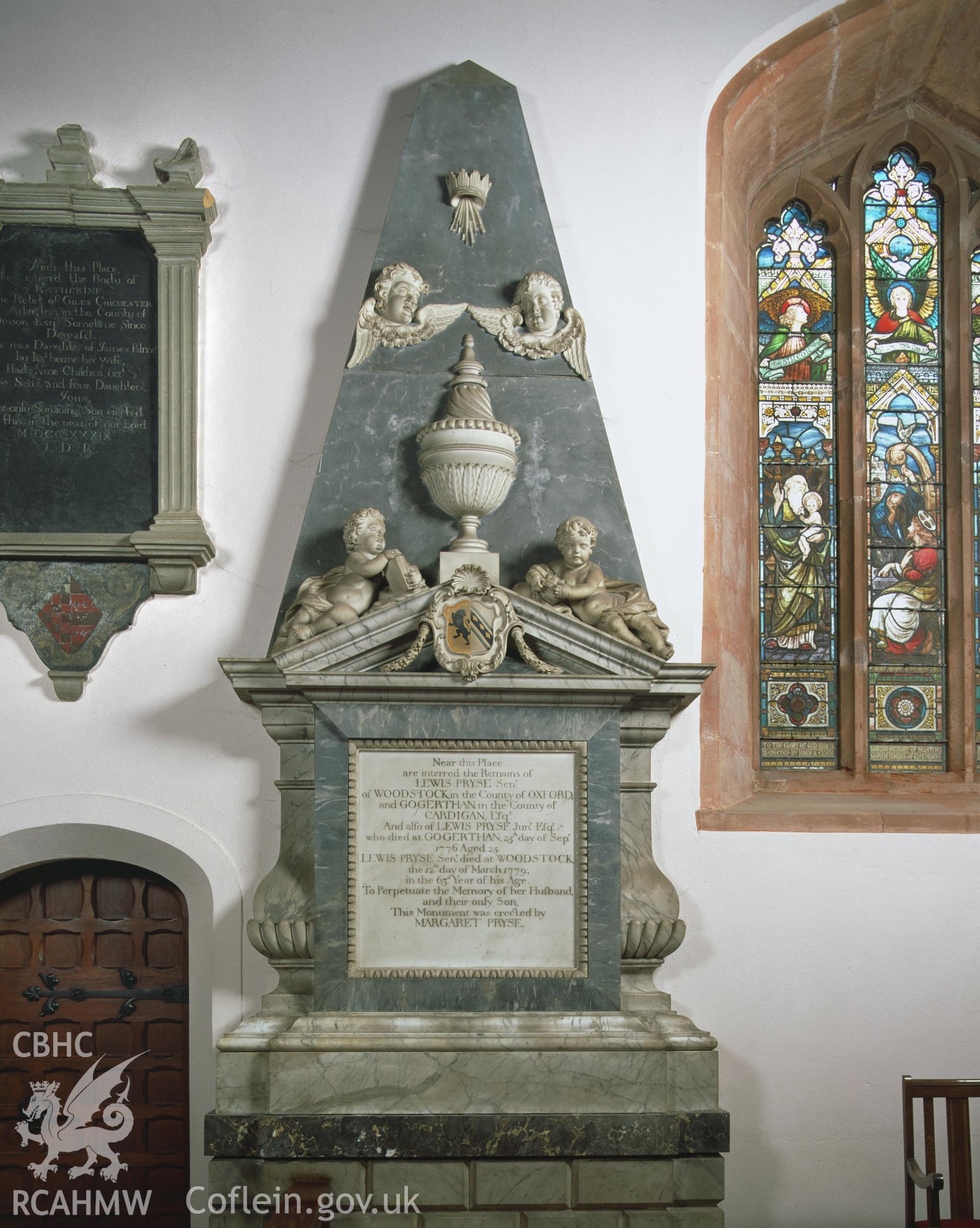 Colour transparency showing memorial to Lewis Pryse, situated in Llanbadarn Fawr Church, produced by Iain Wright, June 2004.