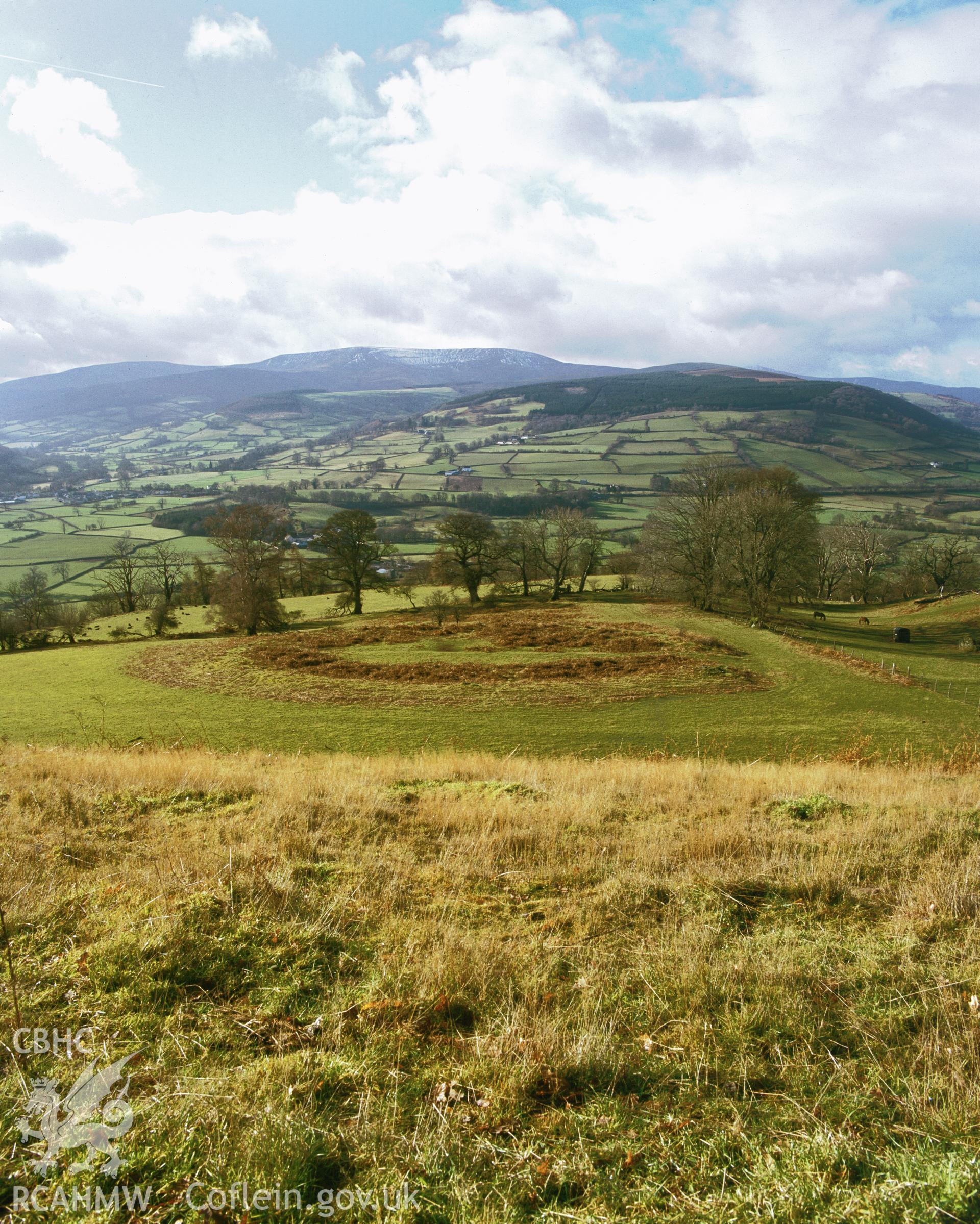 RCAHMW colour transparency of a general view of Allt yr Esgair enclosure, Talybont on Usk.