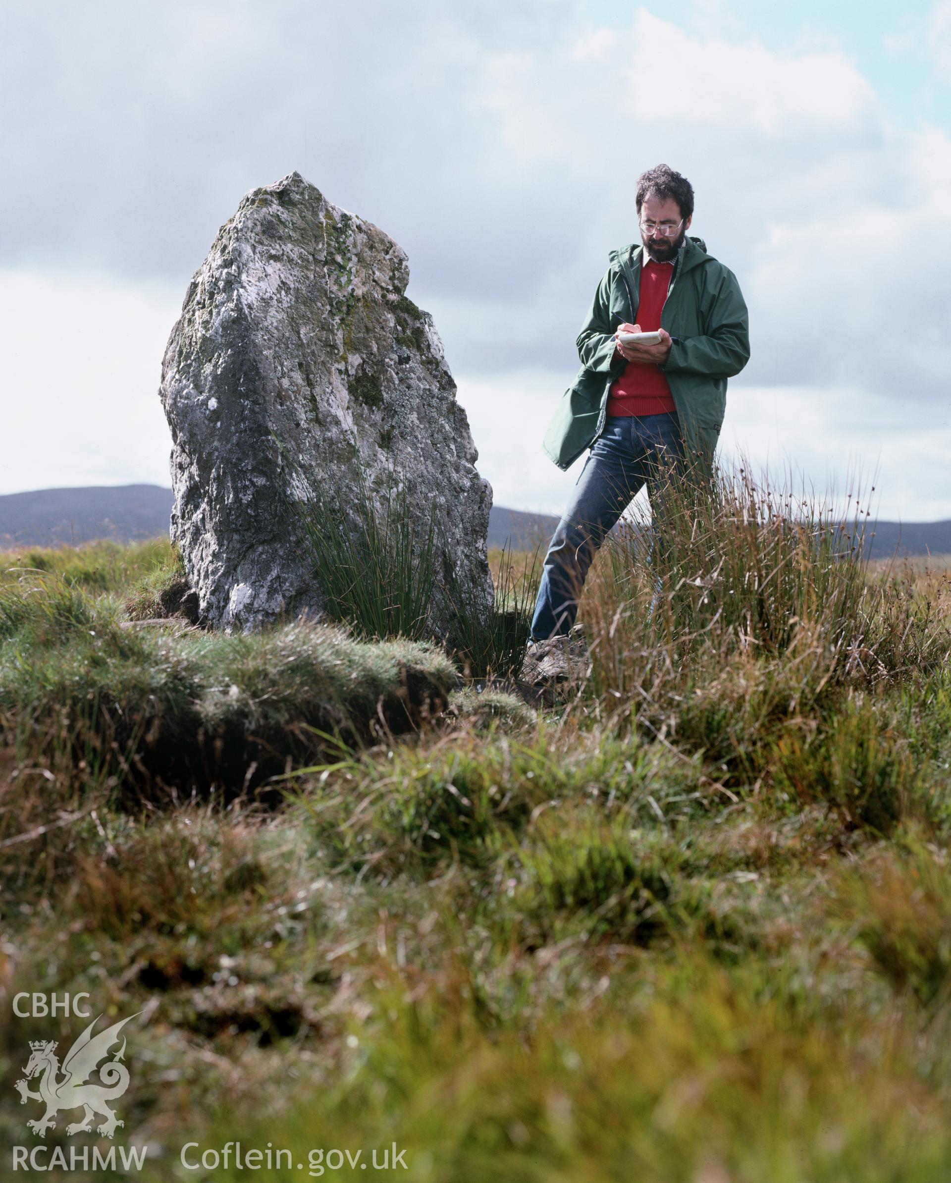 Colour transparency showing a view of Maen Lydan Standing Stone, produced by Iain Wright, c.1981.