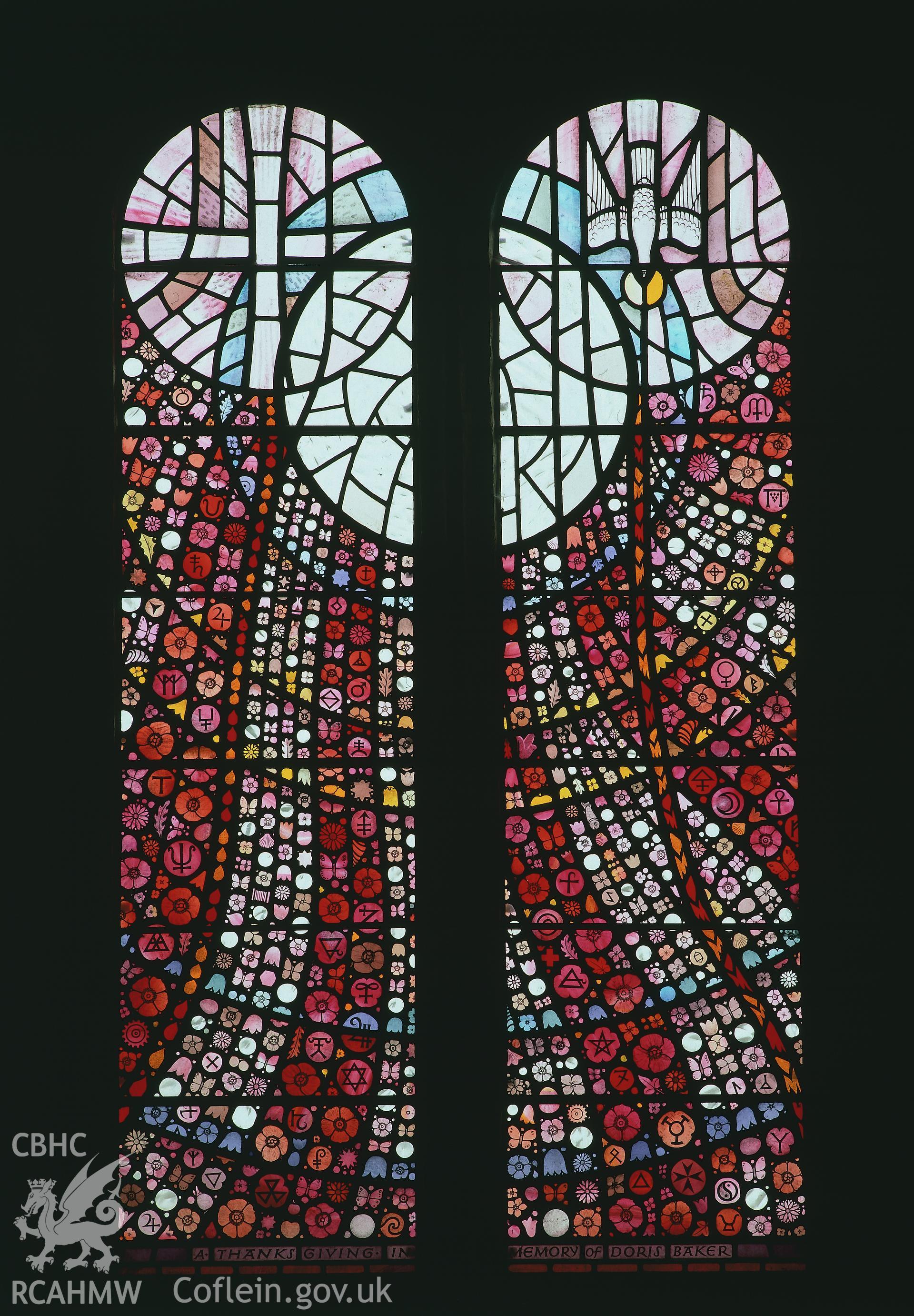 RCAHMW colour transparency showing view of stained glass window at St Stephen's Church, Llanstephan