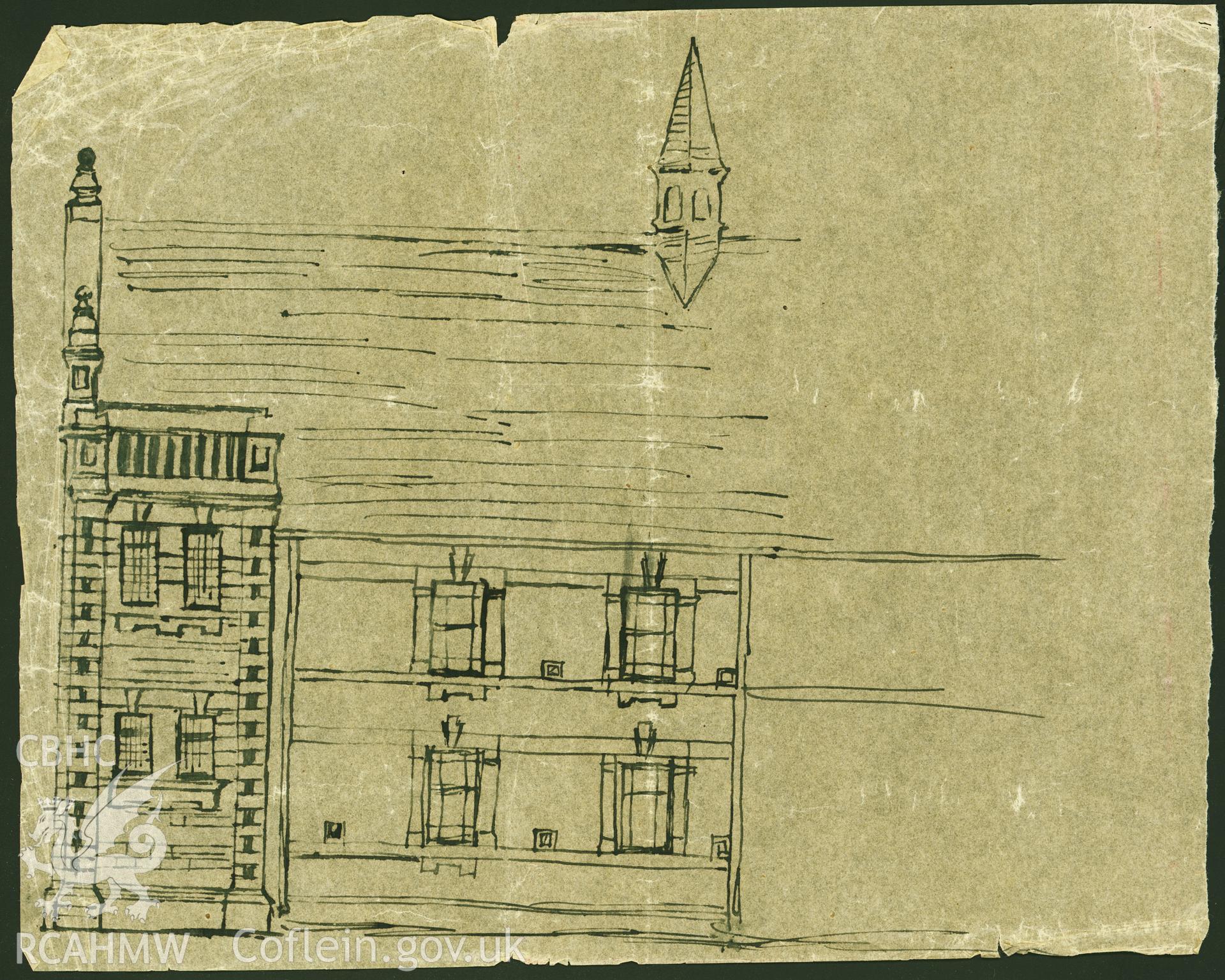 Digitized copy of a pen and ink drawing showing an side elevation view of Bethania Chapel, Maesteg. Part of a collection of material relating to Bethania Chapel, Maesteg, loaned for copying by the Welsh Religious Buildings Trust. The original collection is held by the Glamorgan Record Office.