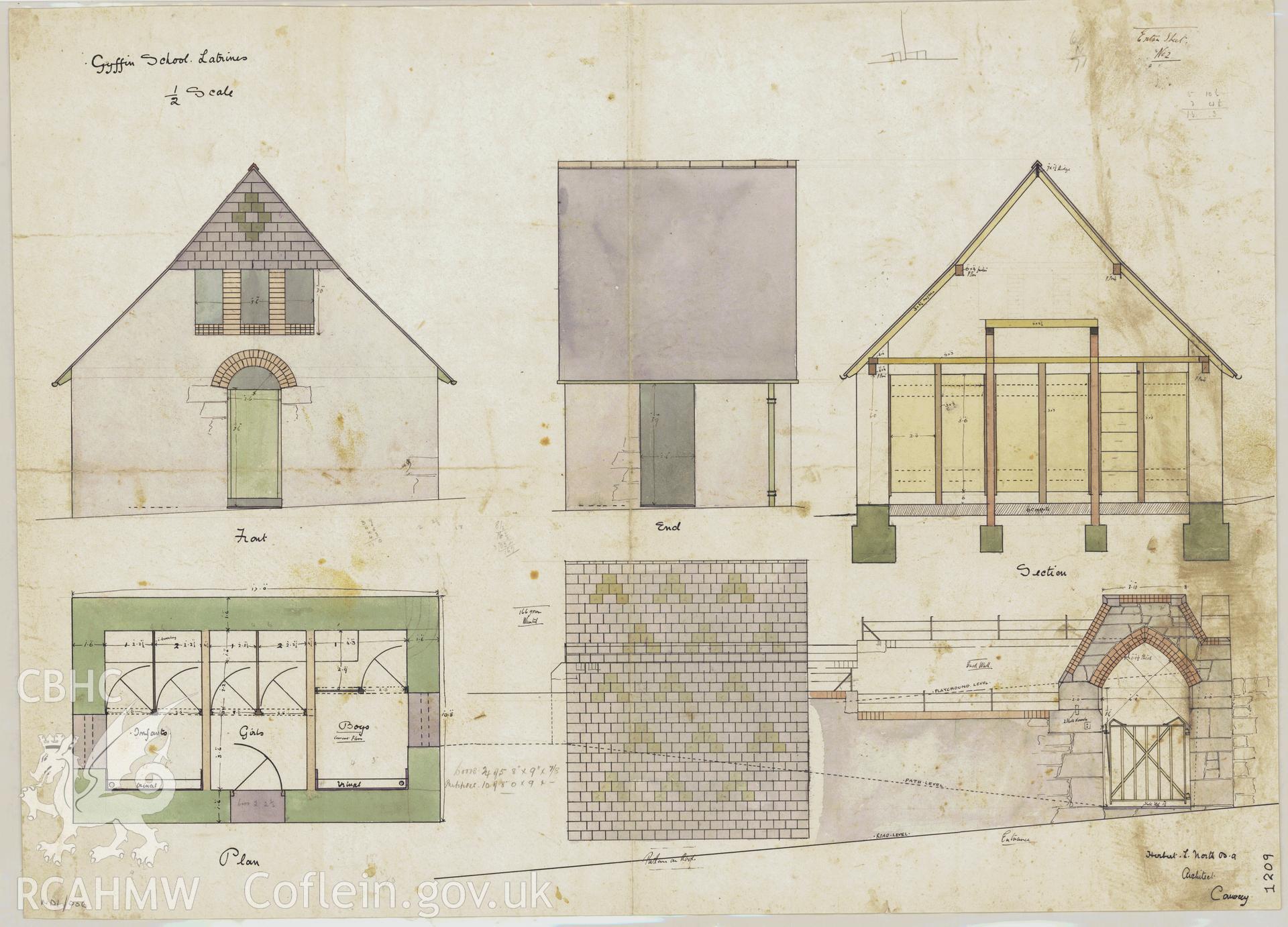 Plans, elevations and section of latrines for Gyffin National School, designed by Herbert L. North, two feet to one inch scale, ink on paper, with colour wash.