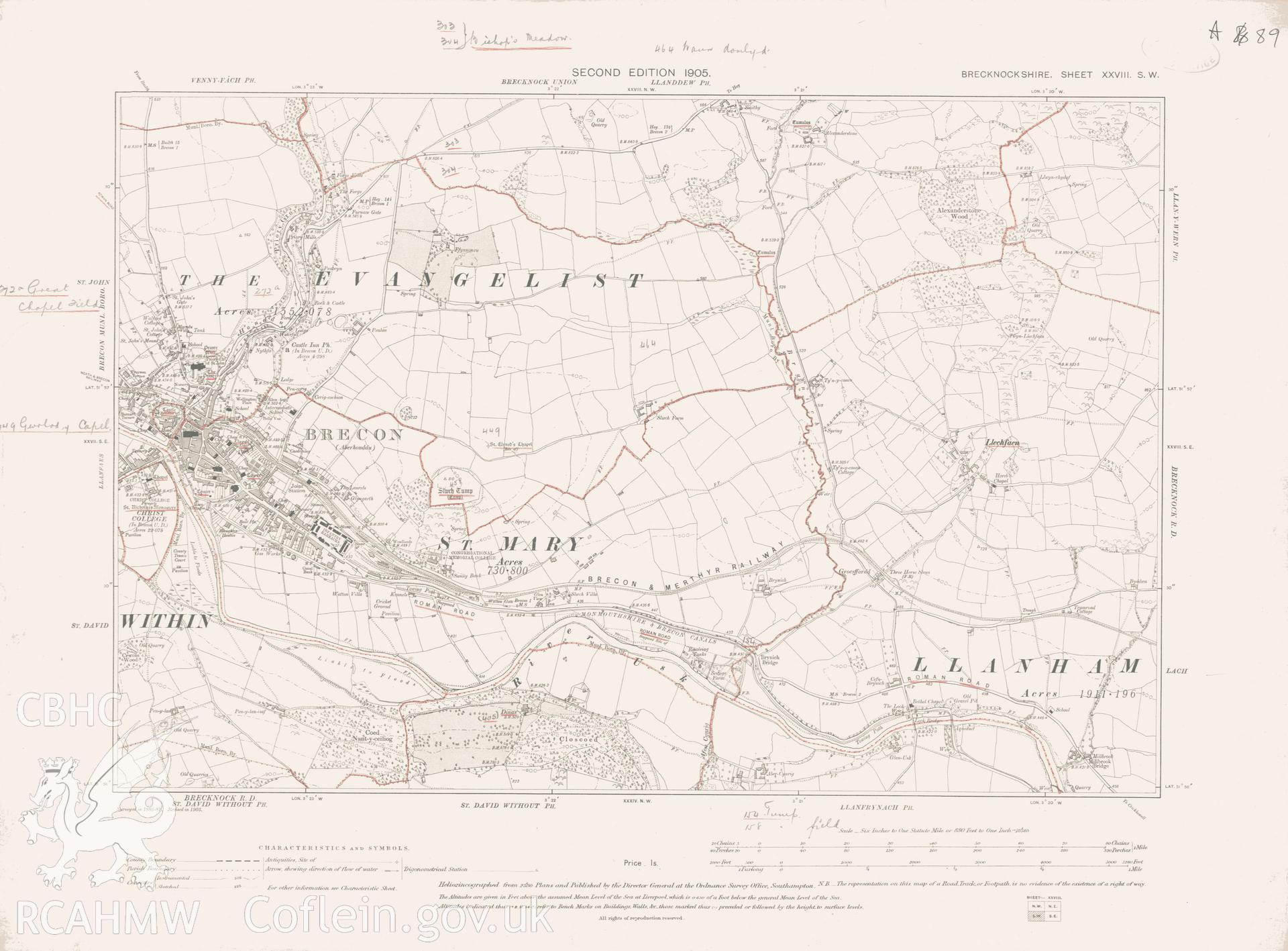 Digital copy of a Second Edition 1905 Ordnance Survey map covering Brecon Town.