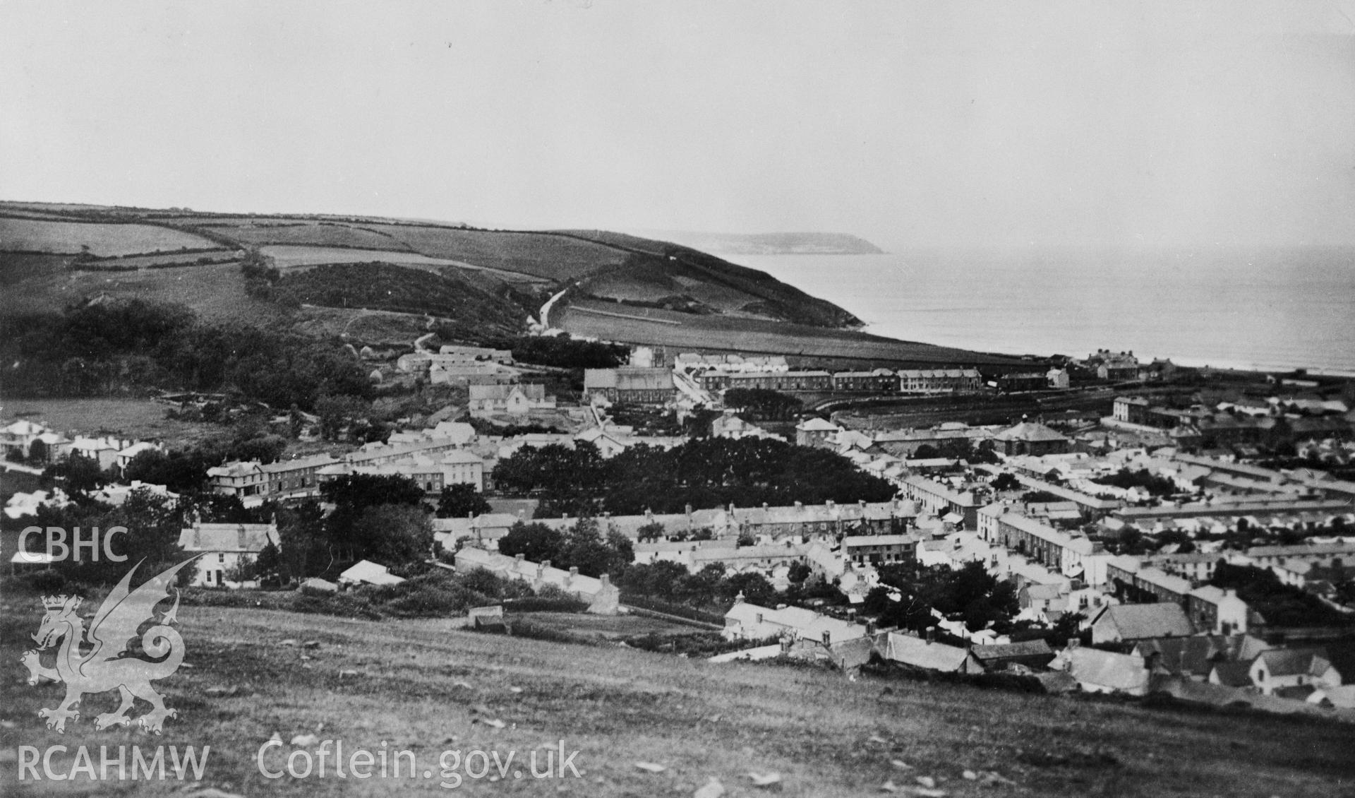 A black and white print of a general view of Aberaeron.