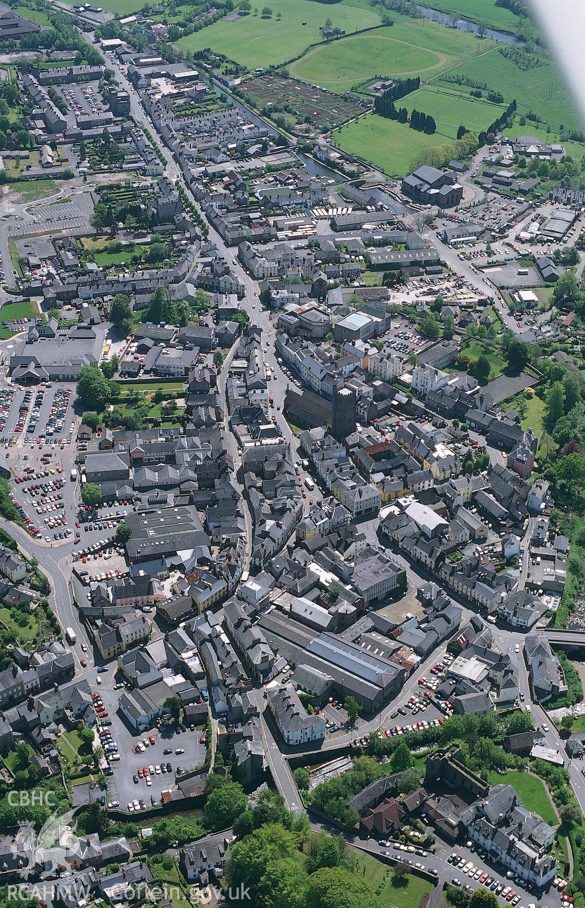 Slide of RCAHMW colour oblique aerial photograph of aerial view of Brecon Town, taken by Toby Driver, 2002.