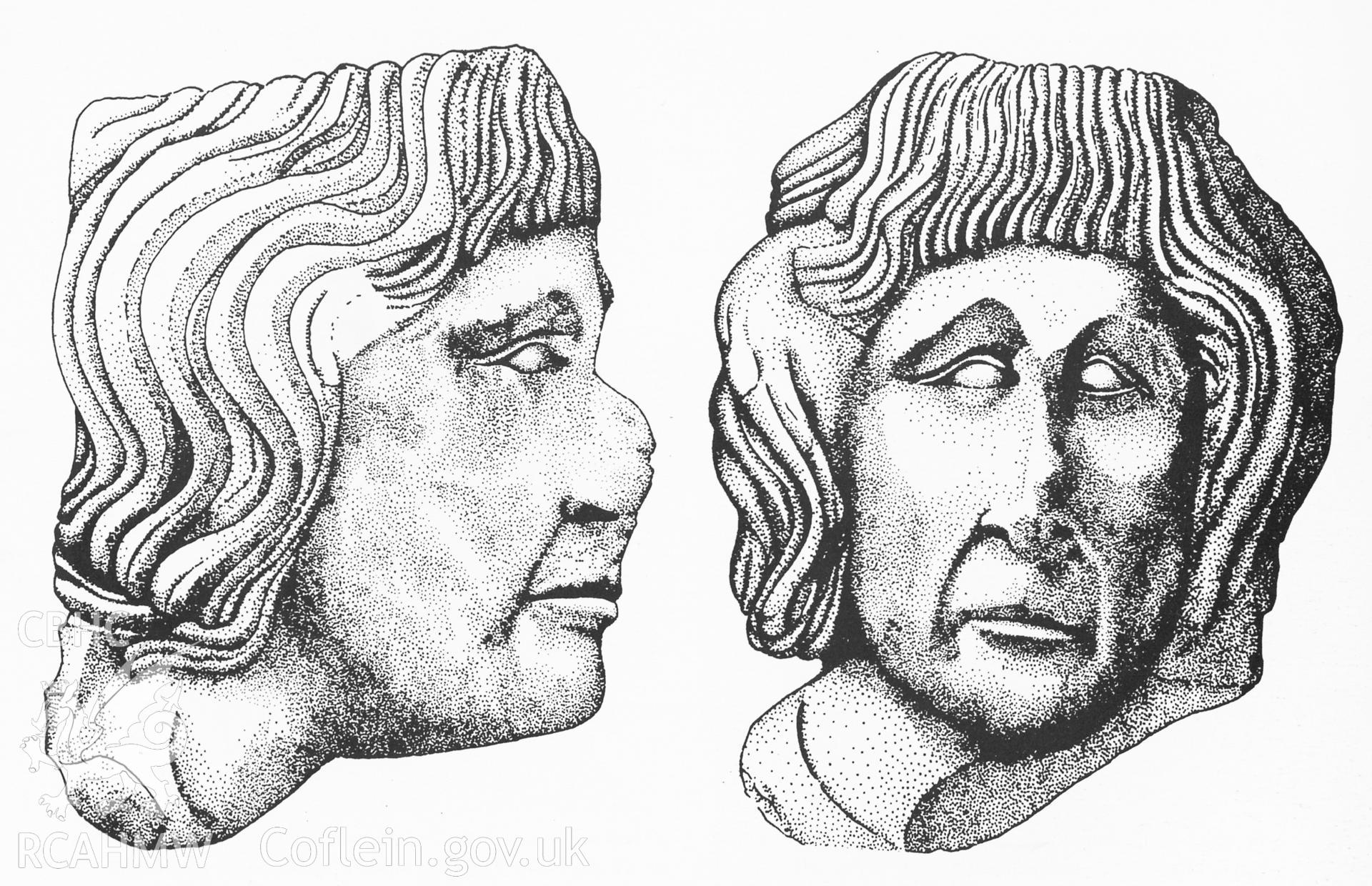 Digitised copy of a pen and ink drawing of carved head from Caerphilly Castle, from the RCAHMW Glamorgan Inventory Later Castles, Figure 46.