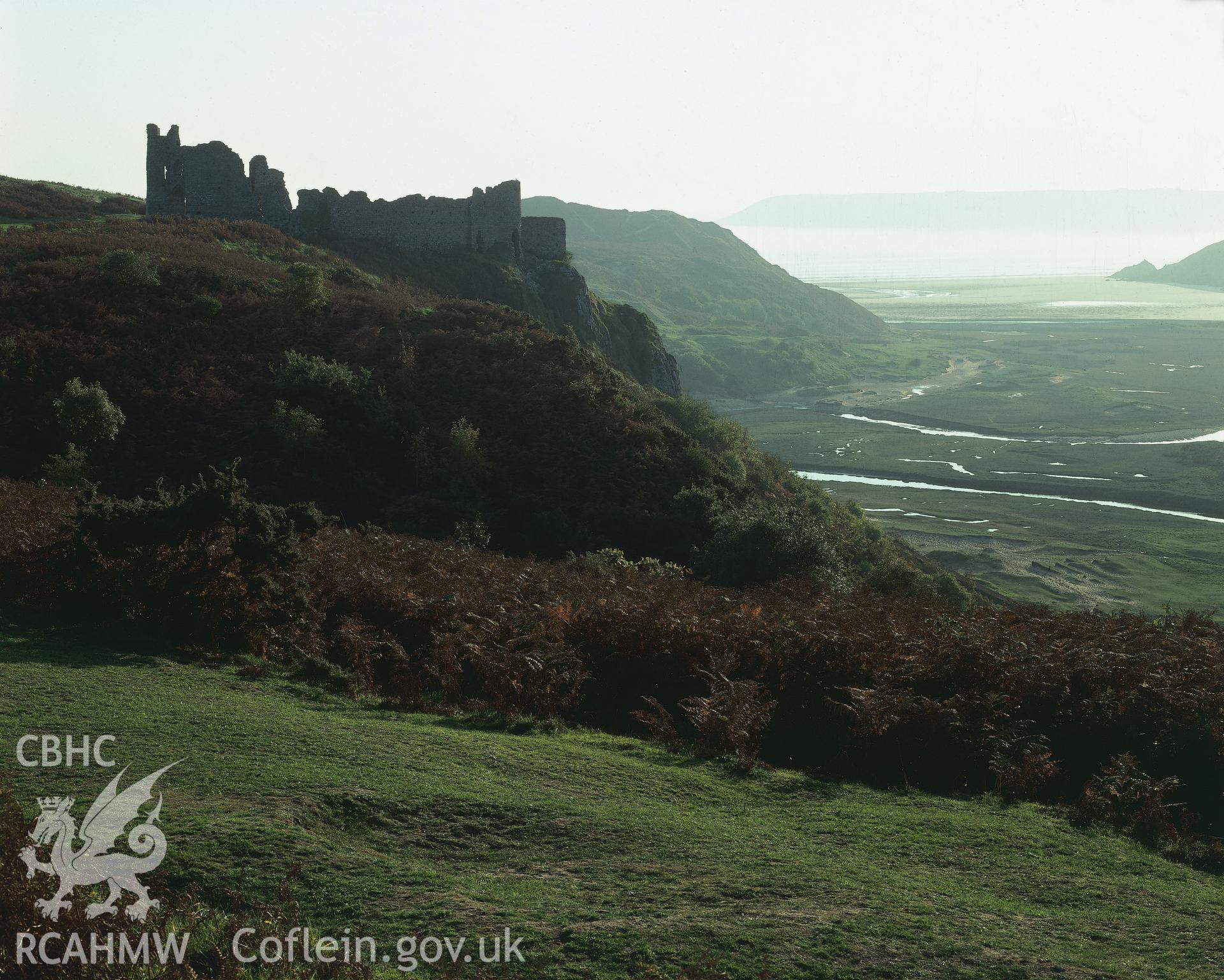 RCAHMW colour transparency showing a landscape view of Pennard Castle.