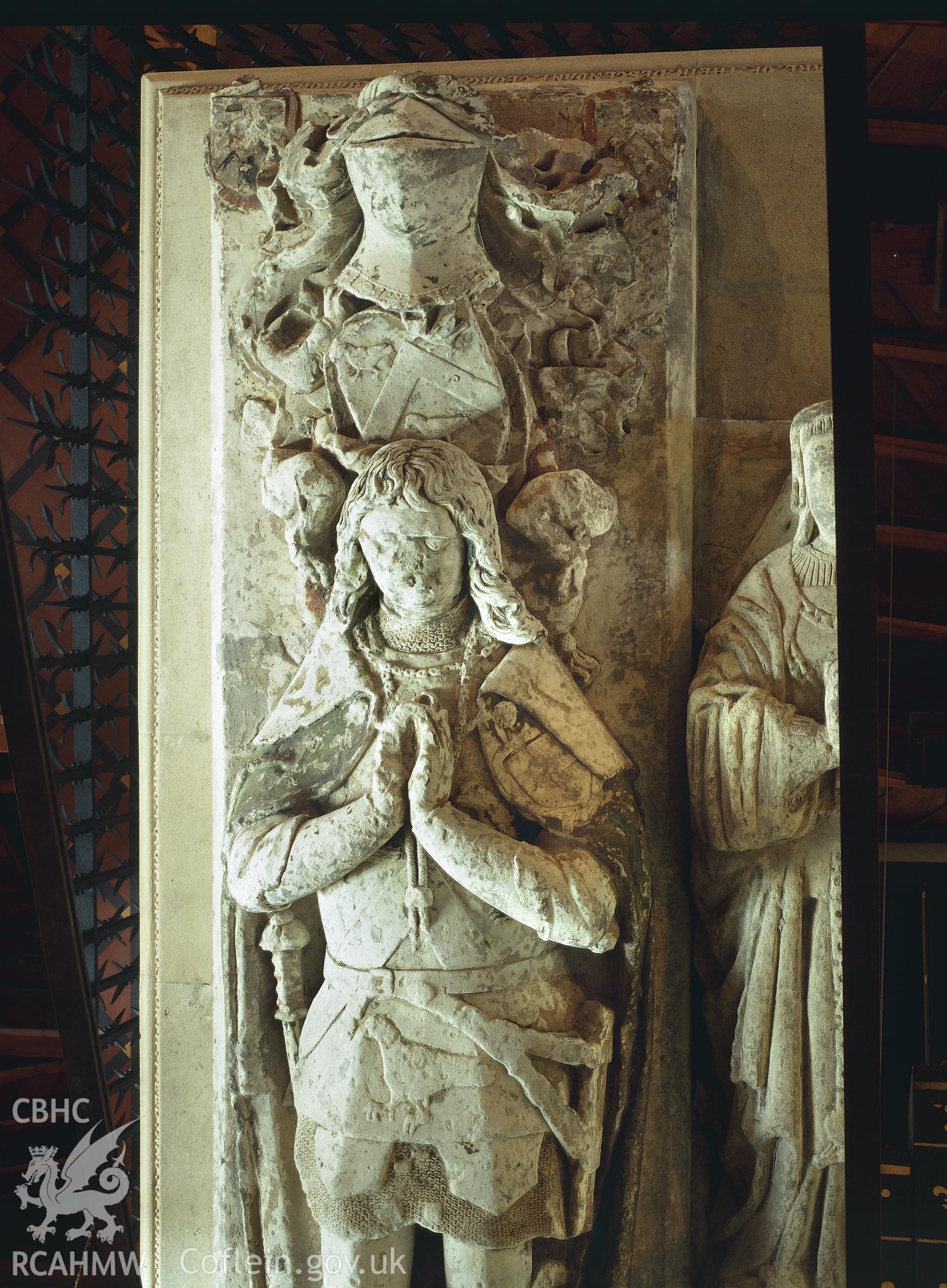 RCAHMW colour transparency showing detail of a monument to Sir Rhys ap Thomas, in St Peter's Church, Carmarthen.