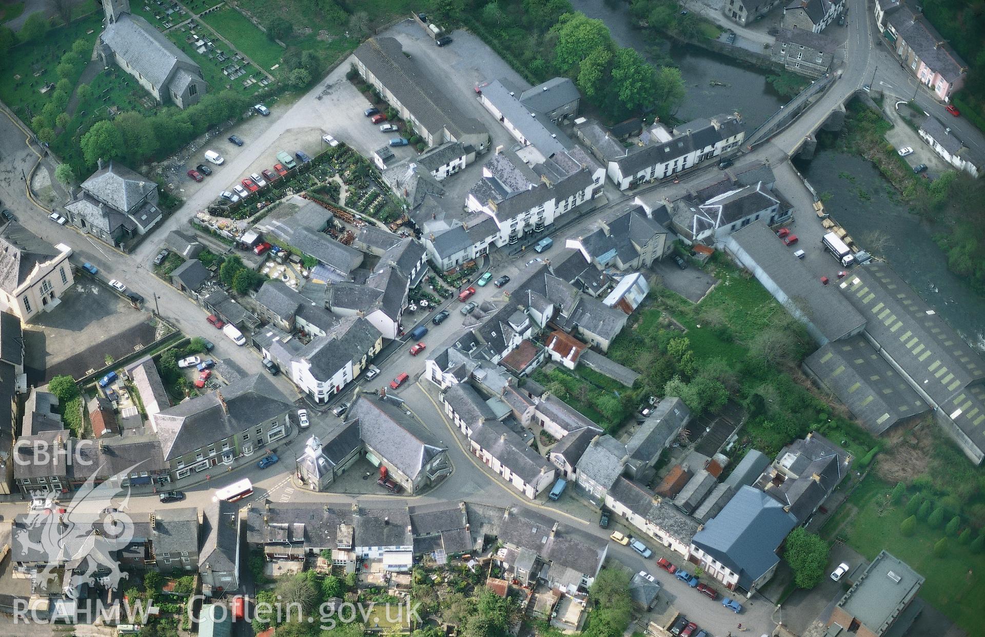 Slide of RCAHMW colour oblique aerial photograph of Newcastle Emlyn, taken by C.R. Musson, 27/4/1999.