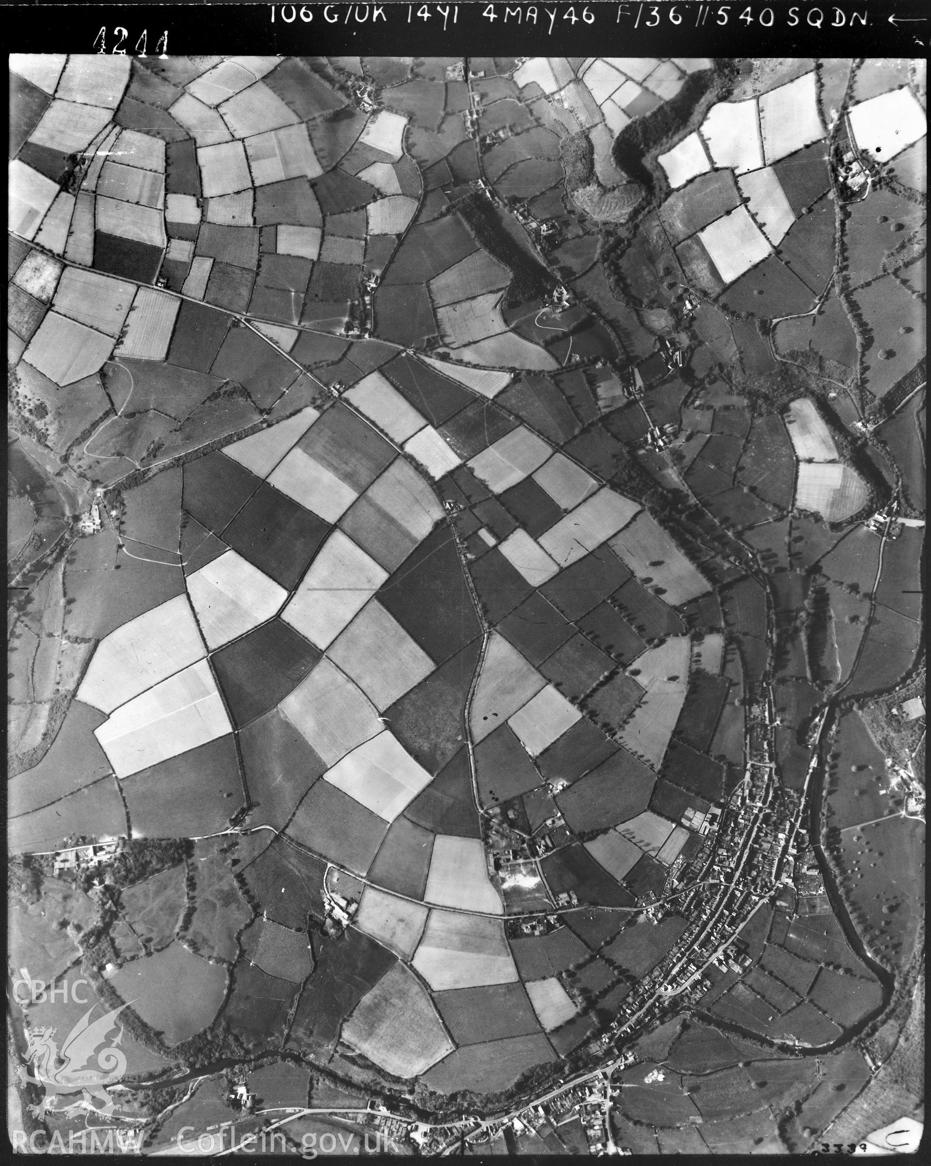 Black and white vertical aerial photograph taken by the RAF on 04/05/1946 centred on SN41034141 at a scale of 1:10000. The photograph includes part of Llandysul community in Ceredigion.
