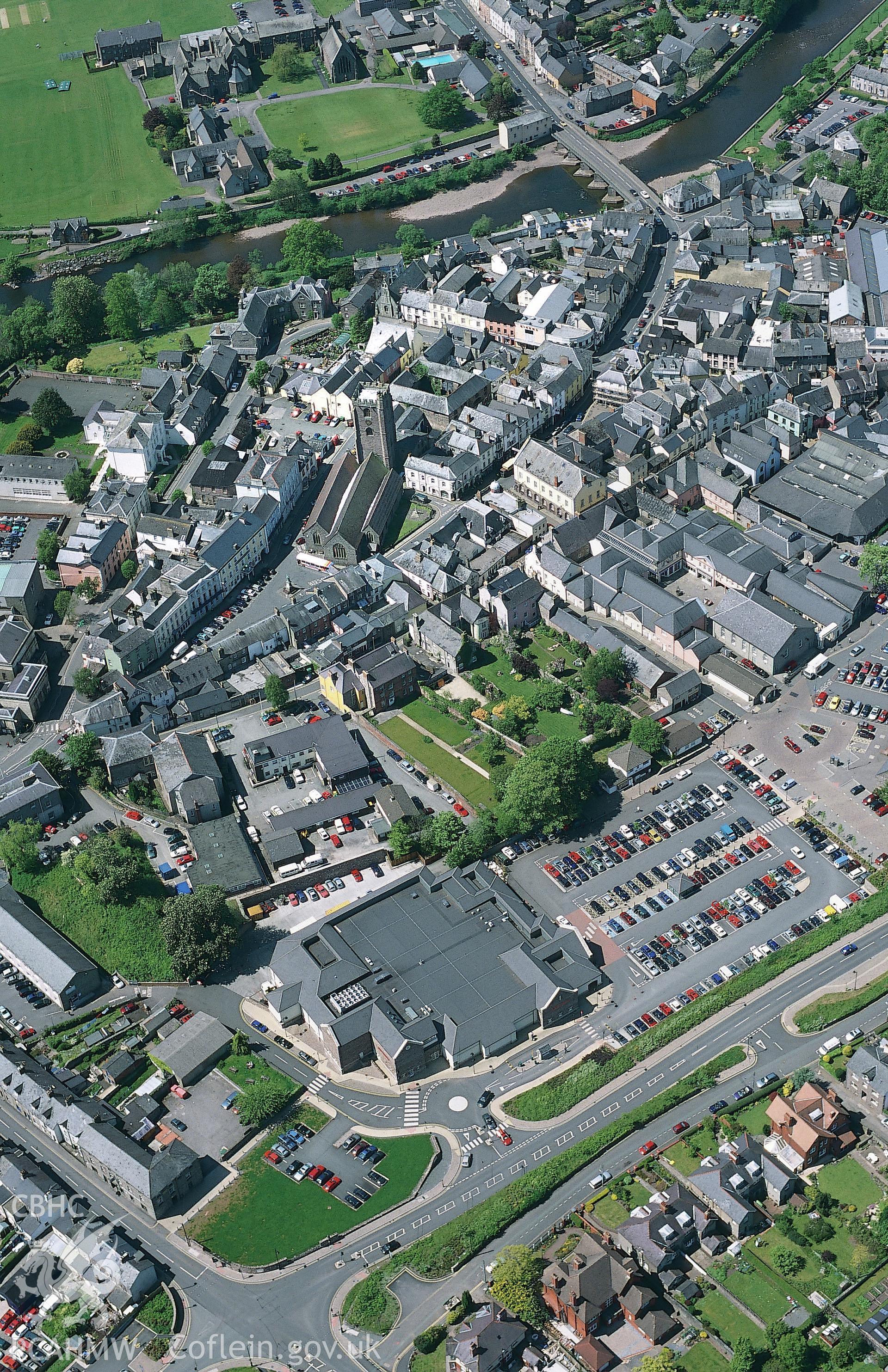 Slide of RCAHMW colour oblique aerial photograph of aerial view of Brecon Town, taken by Toby Driver, 2002.