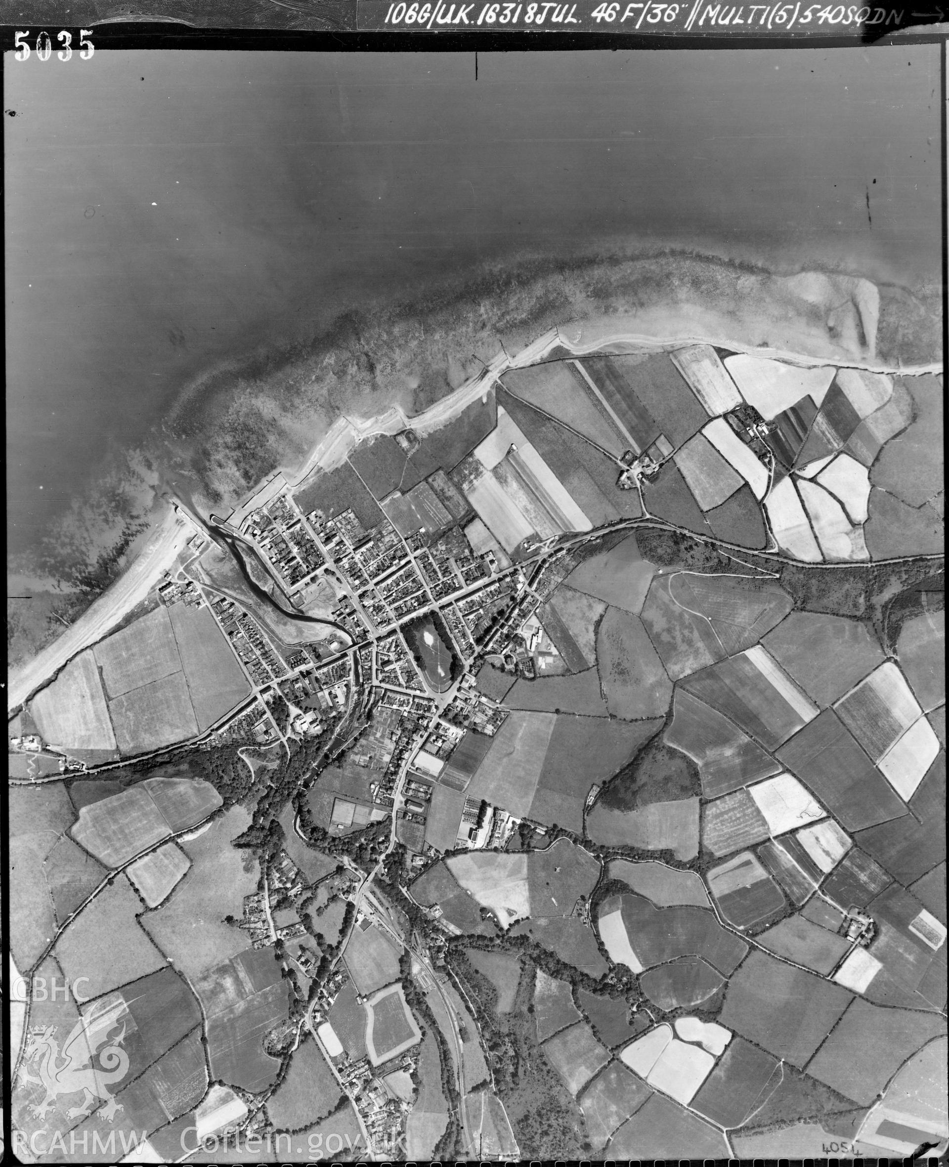 Black and white vertical aerial photograph taken by the RAF on 1946 centred on Aberaeron at a scale of 1:10000.