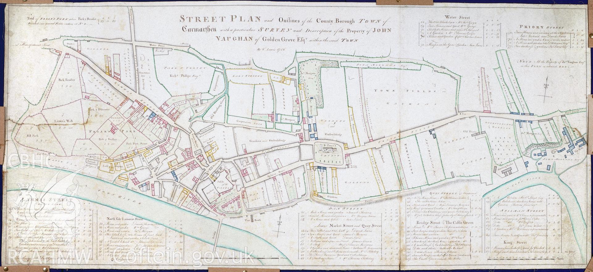 RCAHMW colour transparency showing coloured street plan of Carmarthen town dated 1786.