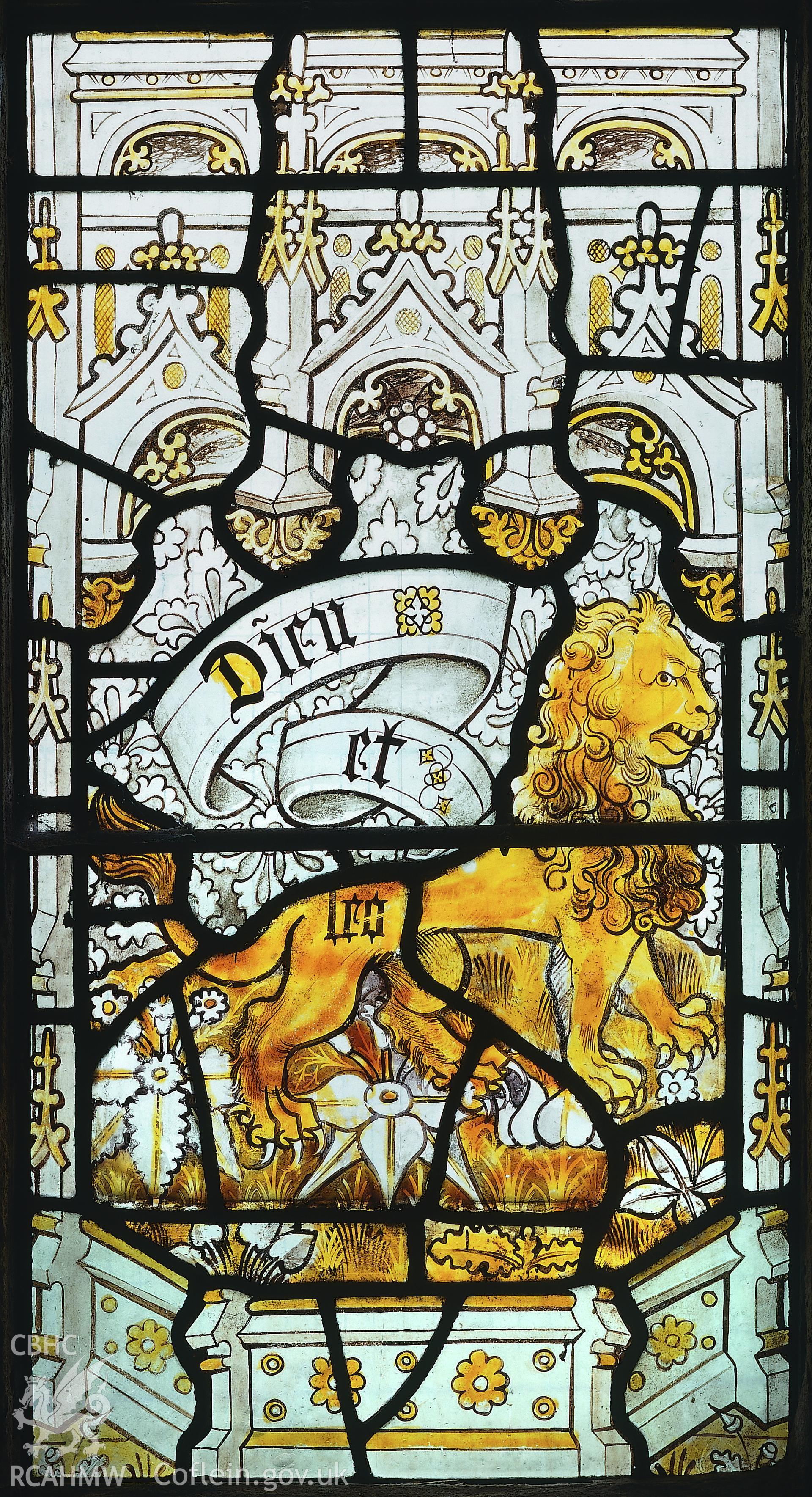 RCAHMW colour transparency of a stained glass window in  Nercwys Church, depicting a lion.