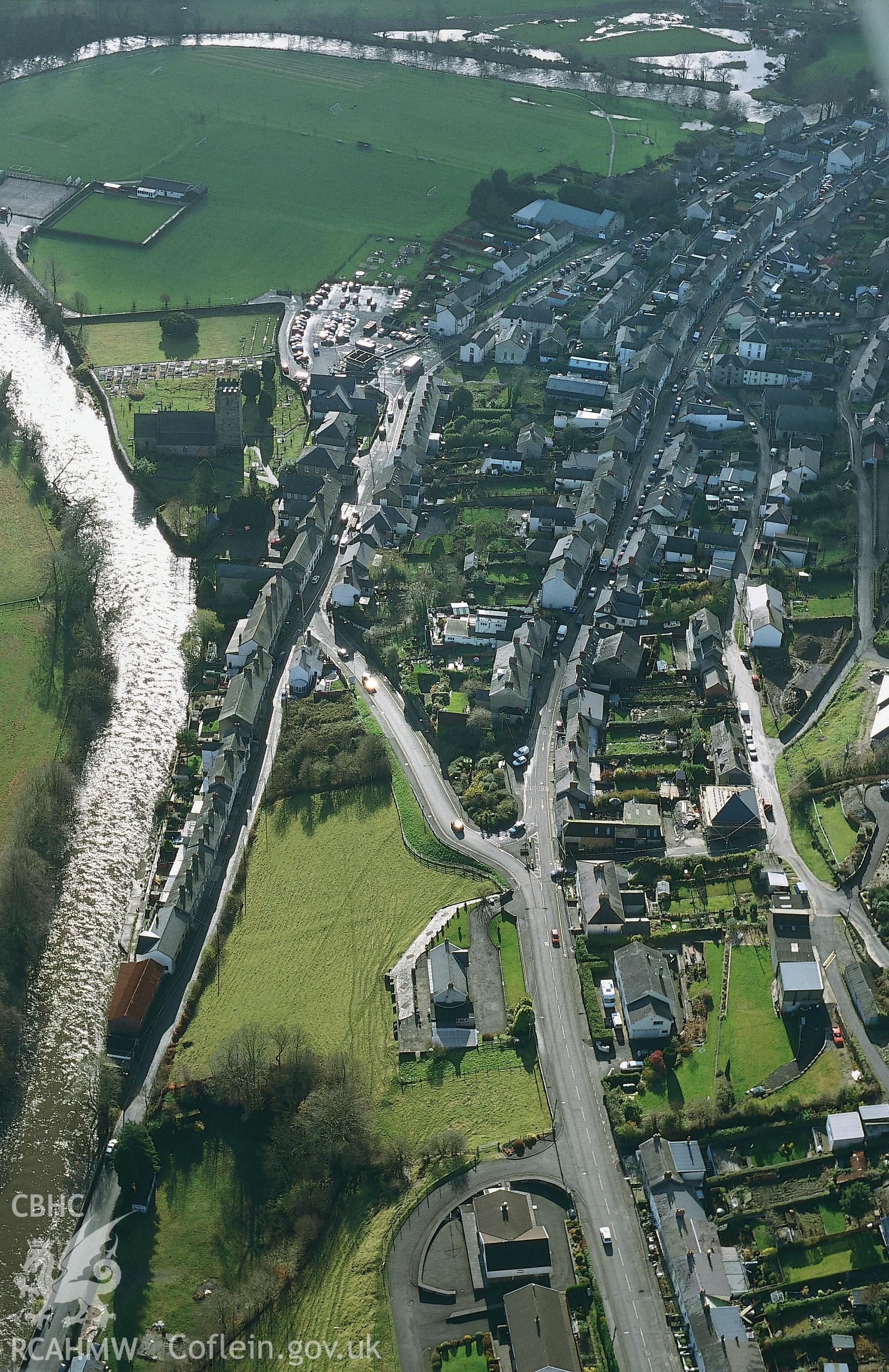 Slide of RCAHMW colour oblique aerial photograph of aerial view of Llandysul, taken by Toby Driver, 2002.