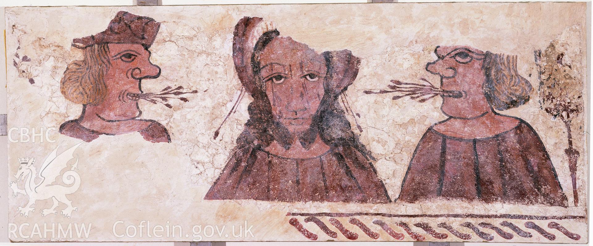RCAHMW colour transparency of wallpainting of the Mocking of Christ at Llandeilo Talybont Church.