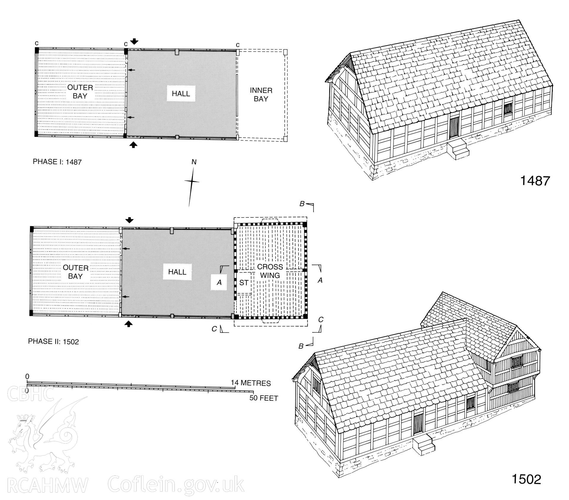 Burfa, Evenjobb; reconstructed plans and perspective views showing phases of development in c.1487 and 1502 A.D, as published in the RCAHMW volume, Houses and History in the Marches of Wales.  Radnorshire 1400-1800,  page 122, figure 121.