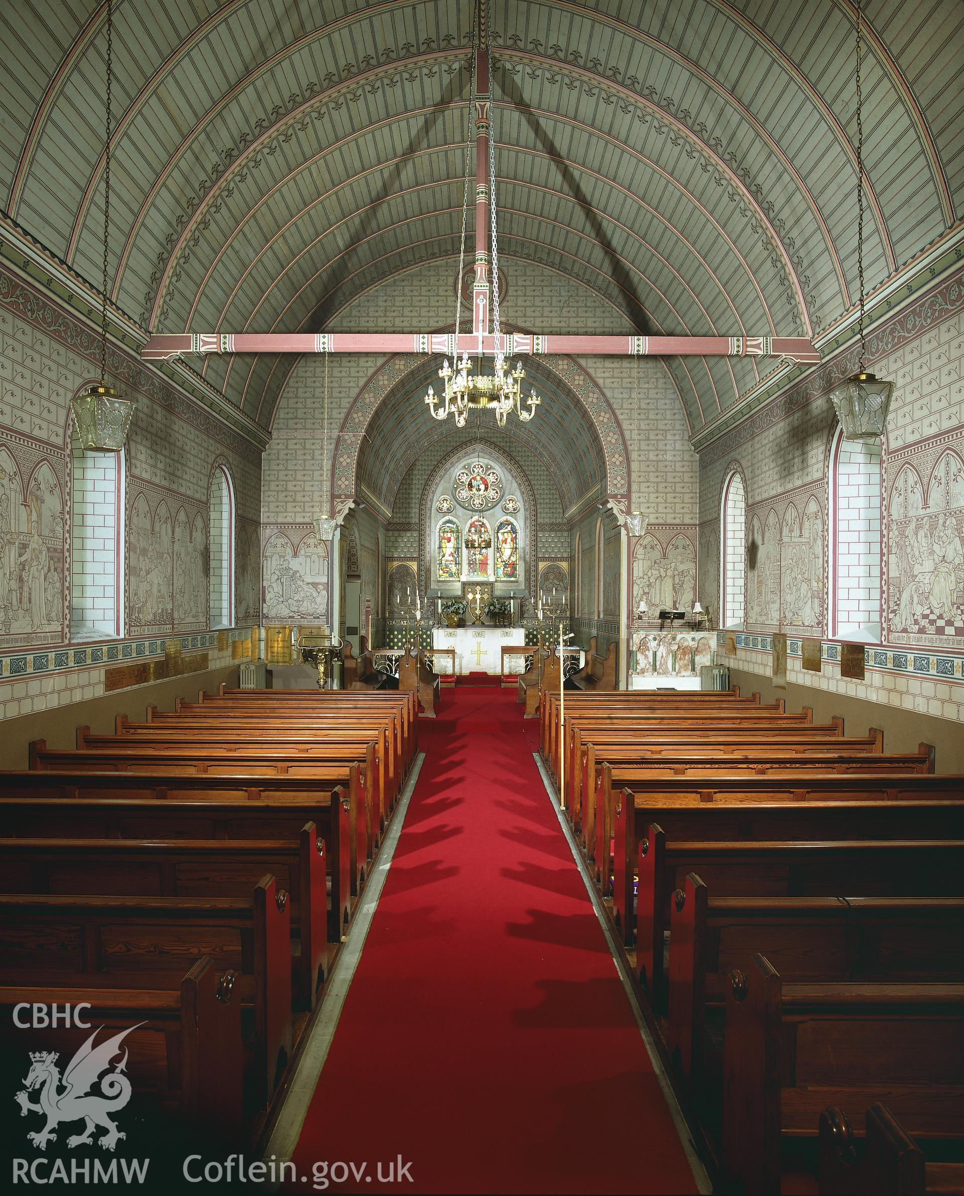 RCAHMW colour transparency of an interior view of Holy Trinity Church, Pontargothi.