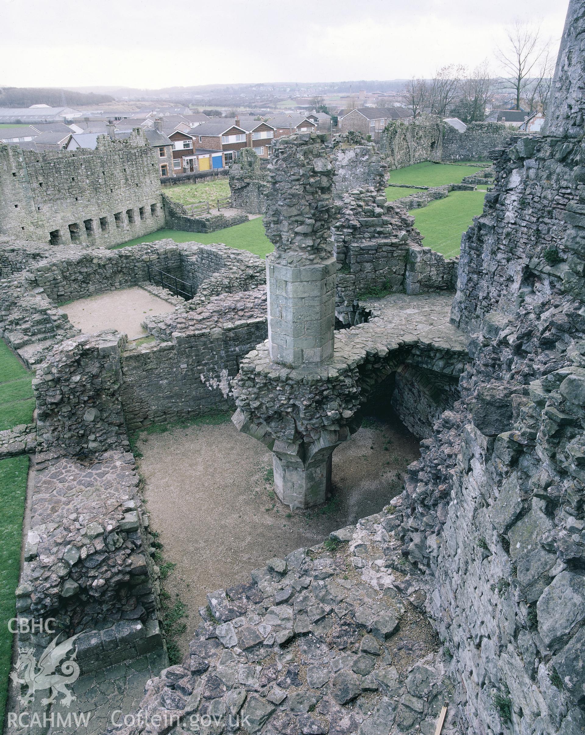 RCAHMW colour transparency showing view of Coity Castle from a high viewpoint