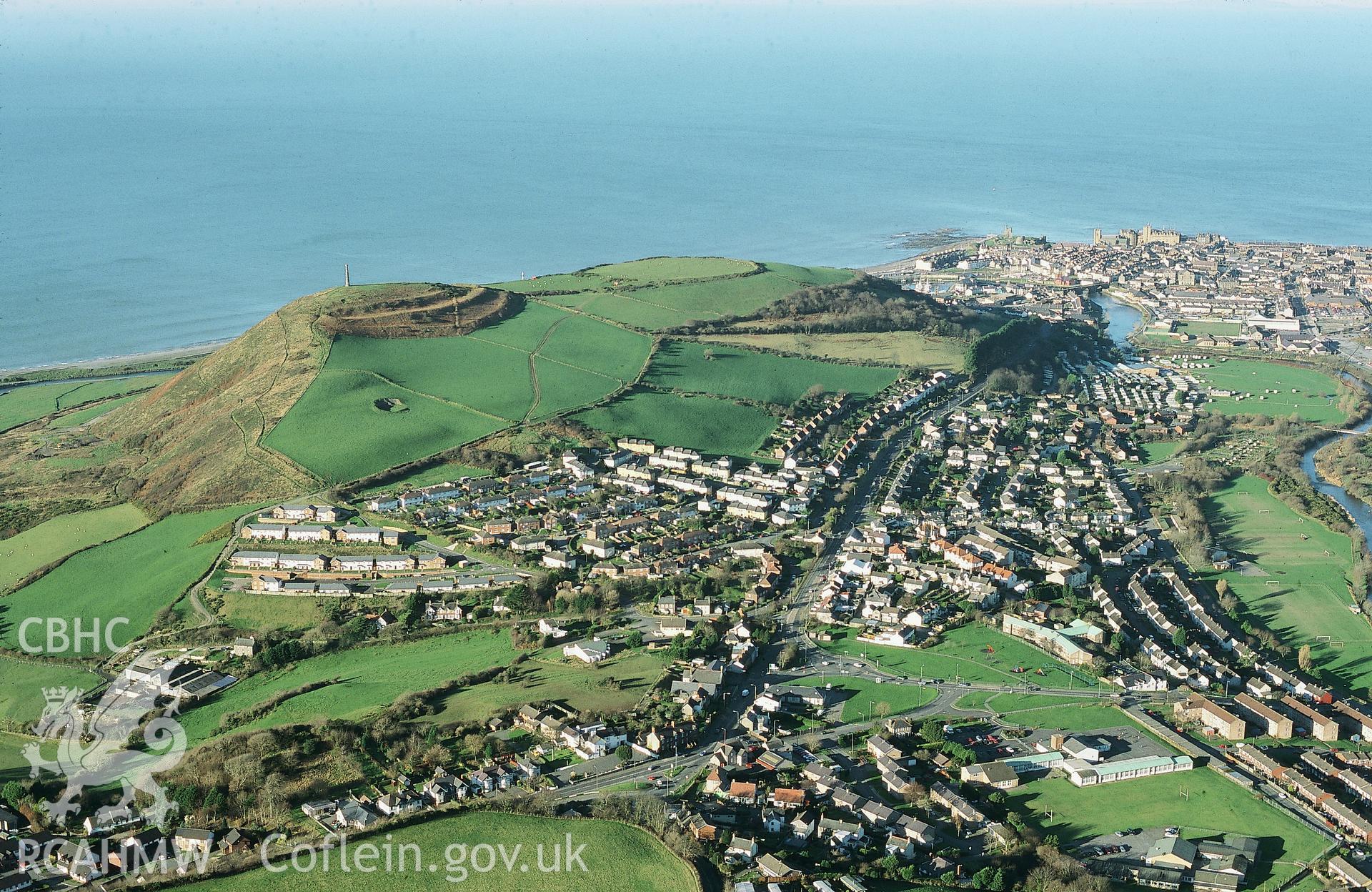 Slide of RCAHMW colour oblique aerial photograph showing Pen Dinas and Aberystwyth, taken by Toby Driver, 2001.
