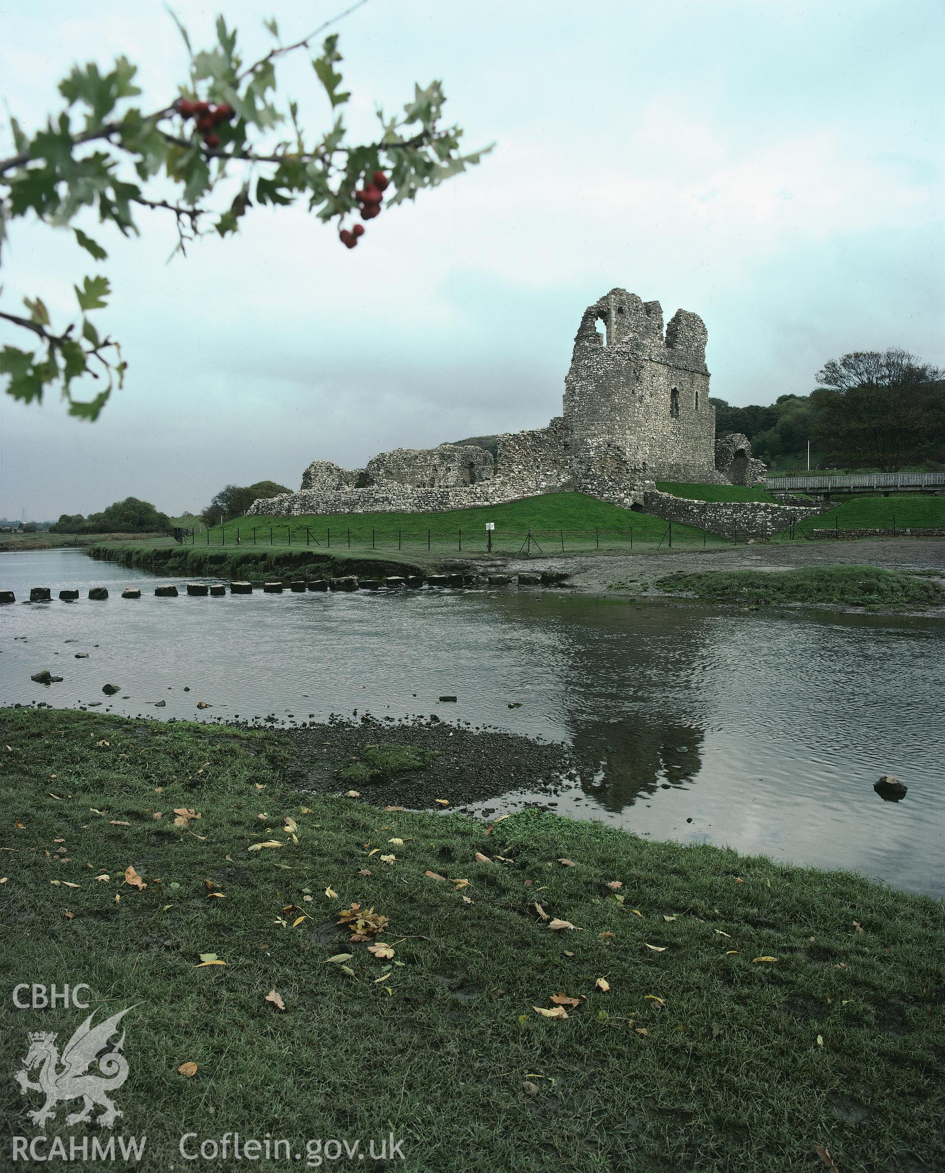 RCAHMW colour transparency showing Ogmore Castle and stepping stones