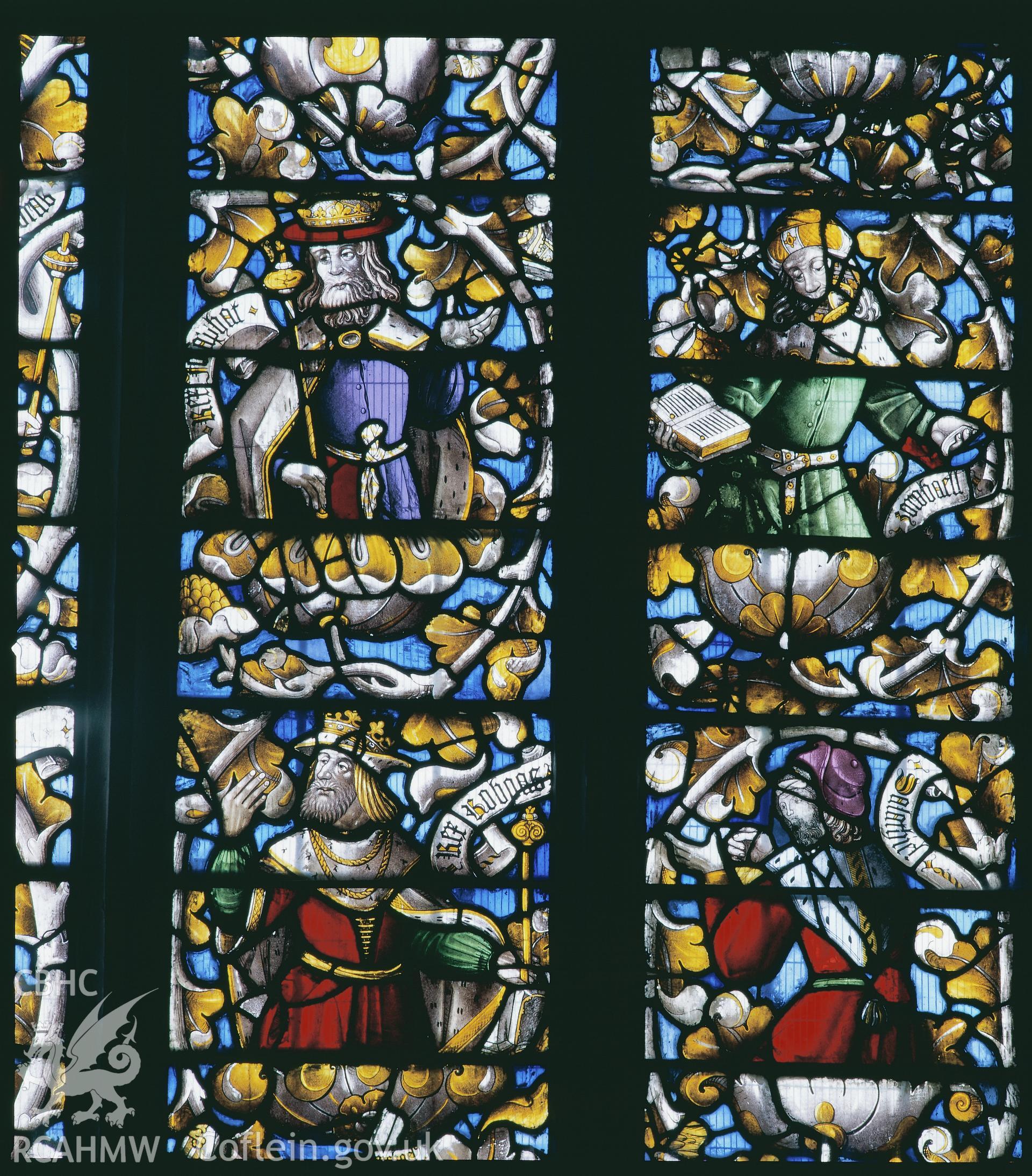 RCAHMW colour transparency of a stained glass window depicting the Jesse Tree in St. Dyfnog's Church, Llanrhaeadr-yng-Nghinmeirch, by Fleur James, 1986.