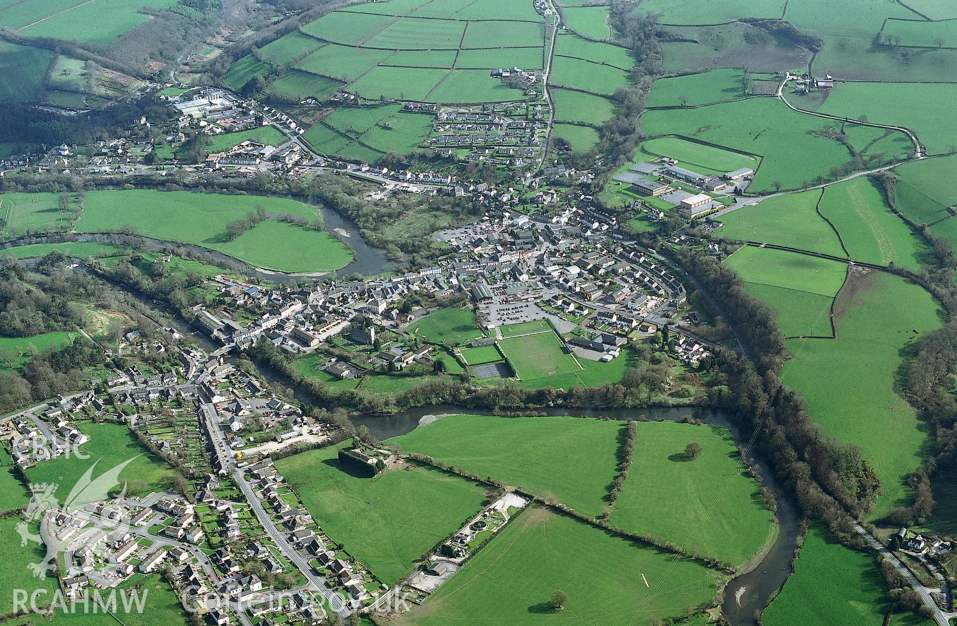 Slide of RCAHMW colour oblique aerial photograph of Newcastle Emlyn, taken by T.G. Driver, 31/3/1998.