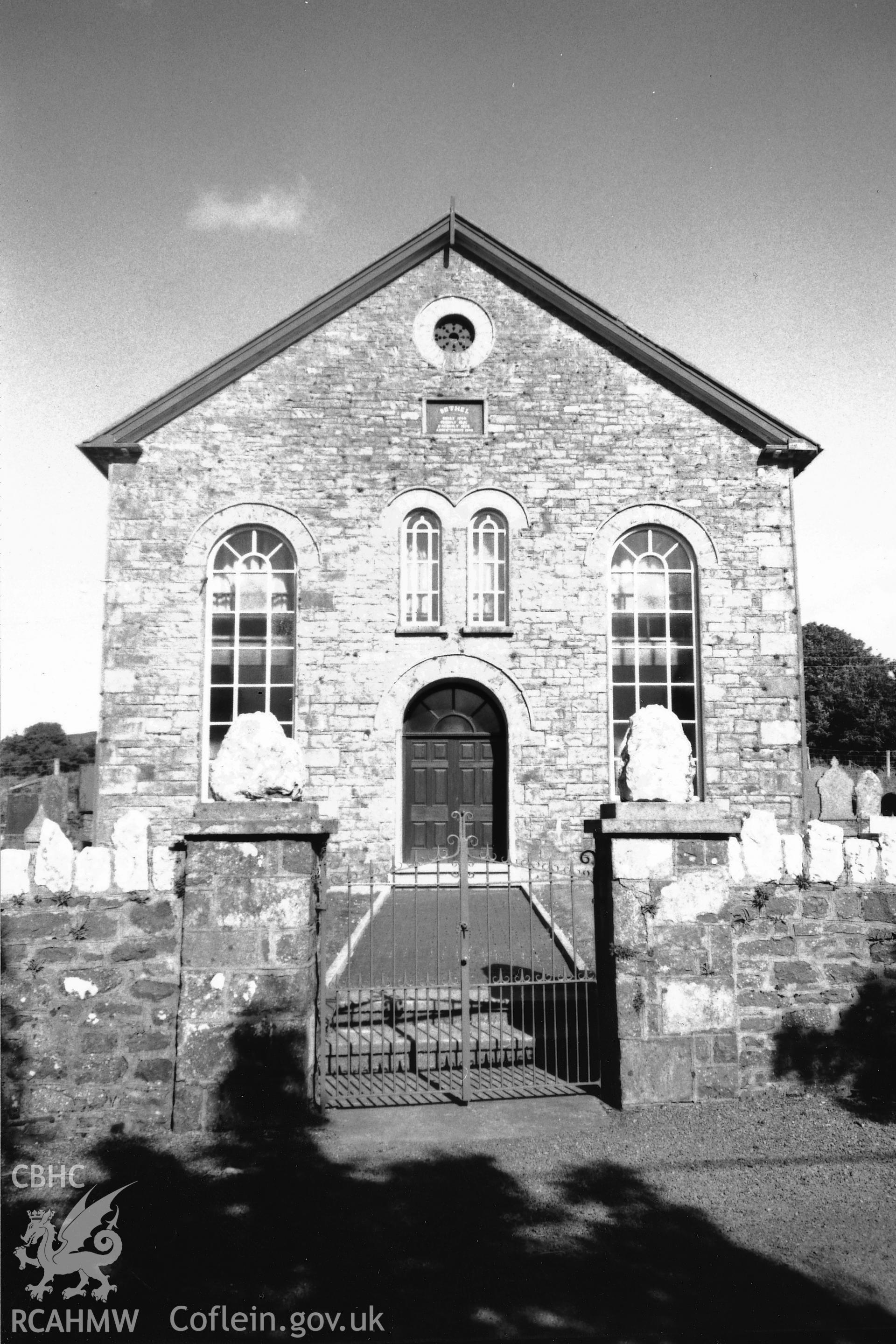 Digital copy of a black and white photograph showing view of Bethel Baptist Chapel, Mynachlog Ddu, taken by Robert Scourfield, 1995.