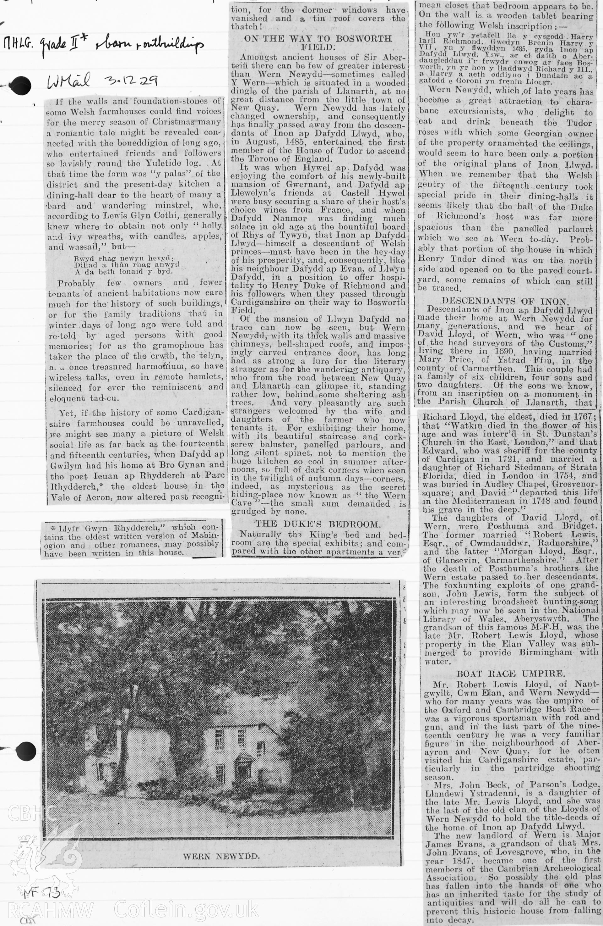 A newspaper extract that gives a short description and history of Wern Newydd Mansion, Llanarth. It links the mansion with Henry Tudor. The photo is of the exterior of the house.