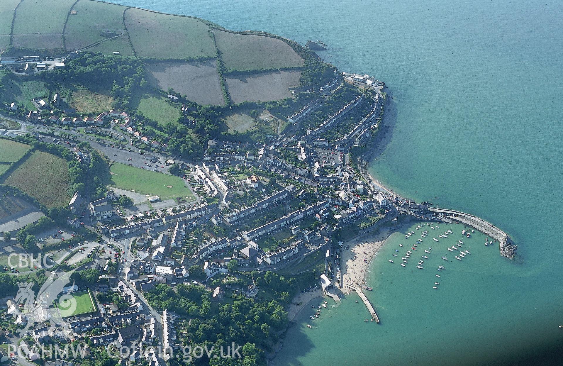 Slide of RCAHMW colour oblique aerial photograph of New Quay, taken by Chris Musson, 1985.