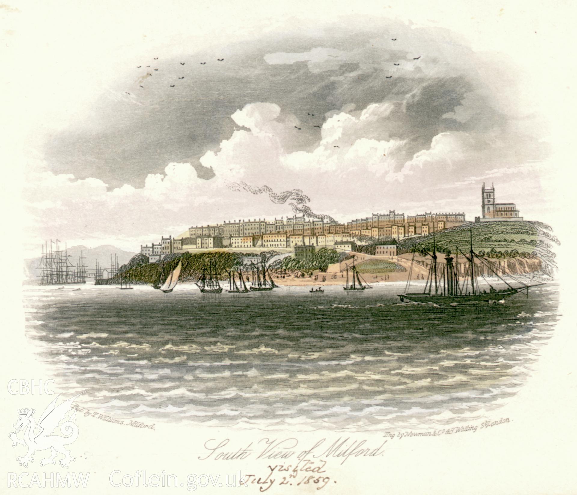 A postcard with a colour engraving of Milford Haven