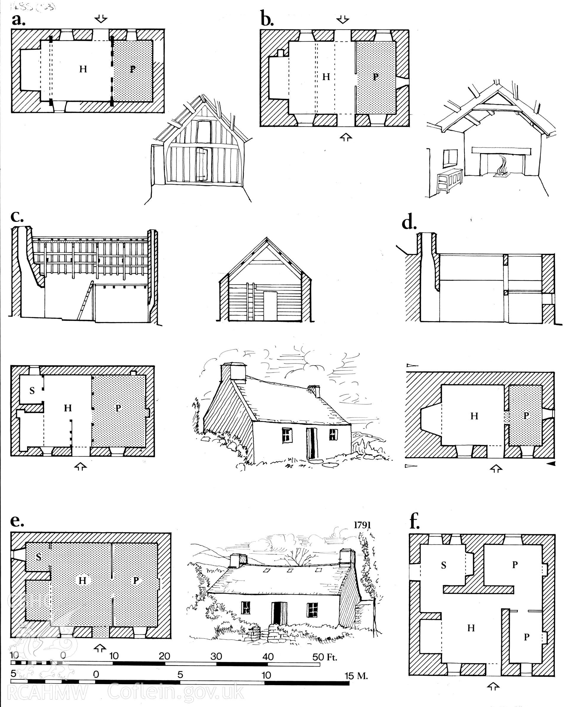 Multi site RCAHMW drawing, 6 sites, showing plan, section and elevation of six cottage sites, as published in Houses of the Welsh Countryside, fig 183.