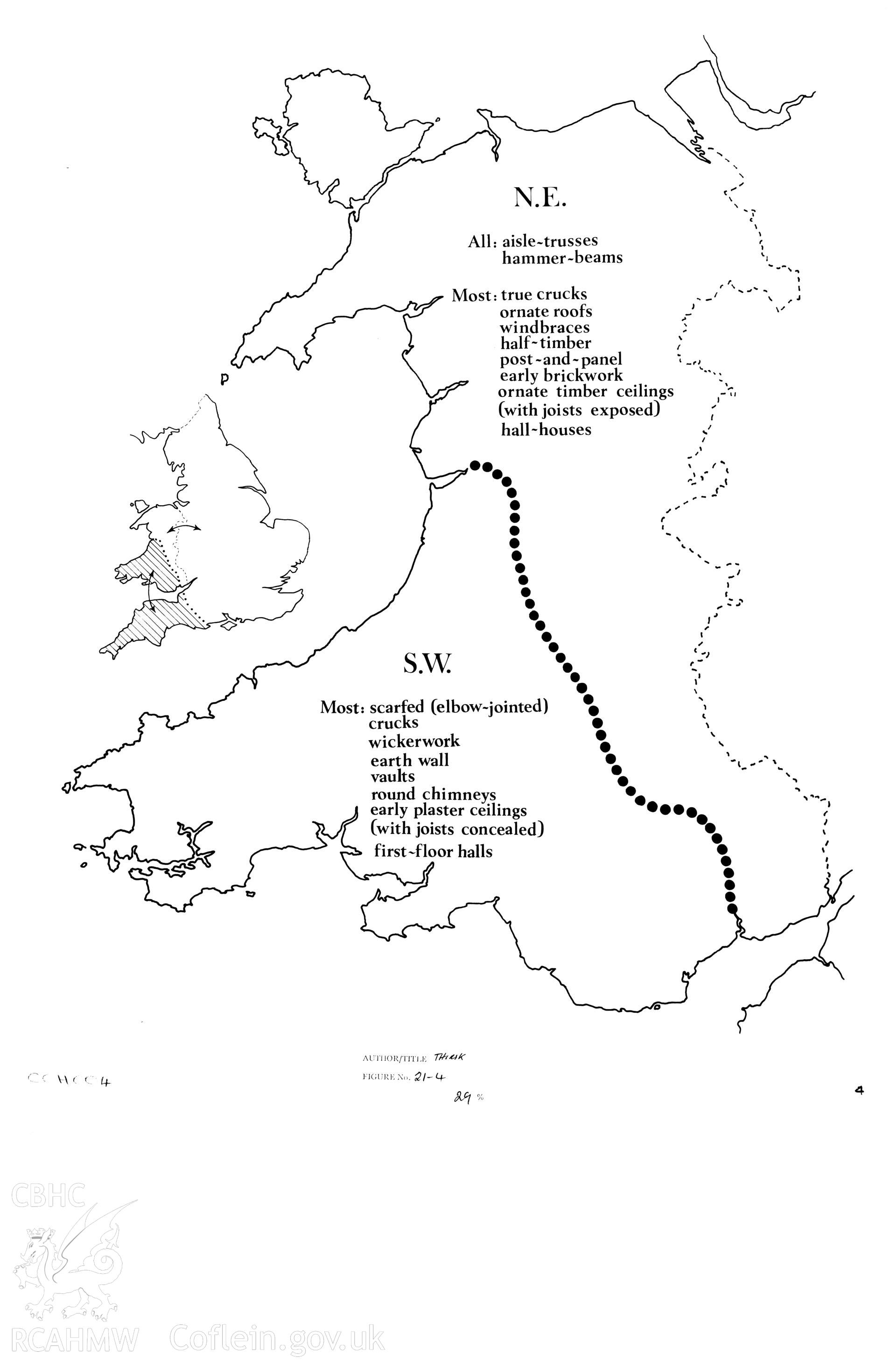 Volume 3, Figure 53: Map showing 'Welsh building regions contrasting NE and SW'.